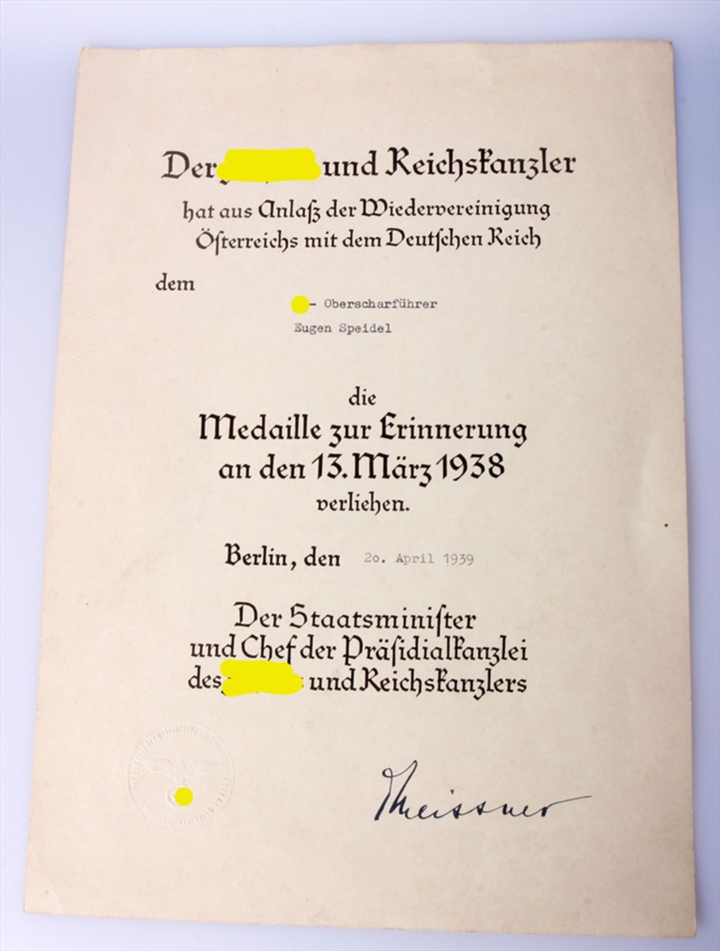 Urkundengruppe SS-Oberscharführer Speidel München, Urkunde Medaille zur Erinnerung an den 13.März - Bild 6 aus 6