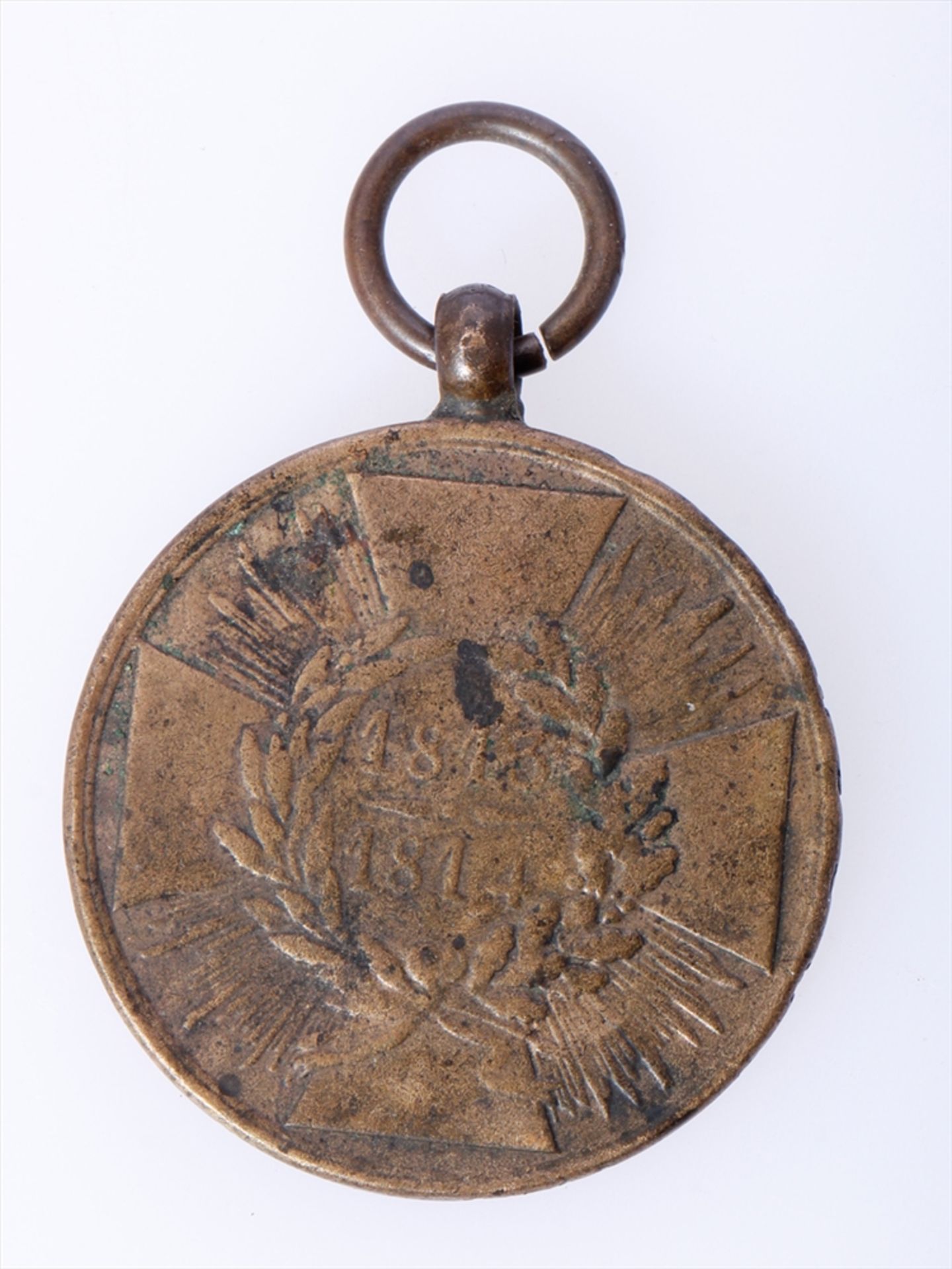 Preußen Kriegsdenkmünze 1813-1814, kantige Kreuzarme, für Kämpfer mit Randinschrift `` Aus eroberten