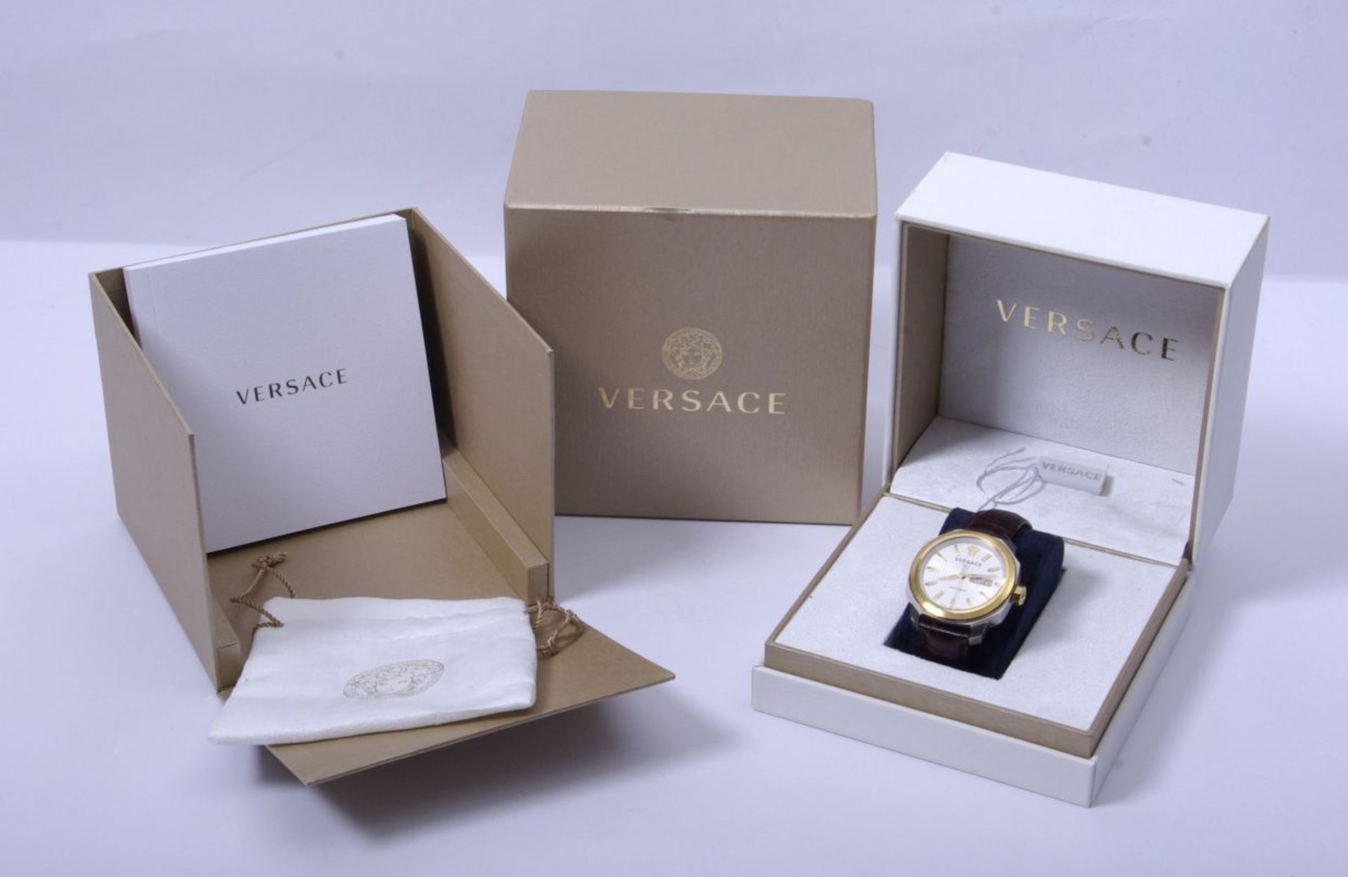 Versace Automatik Armbanduhr, Herrenarmbanduhr, Versage, Stahl Gold Gehäuse, Glasboden,