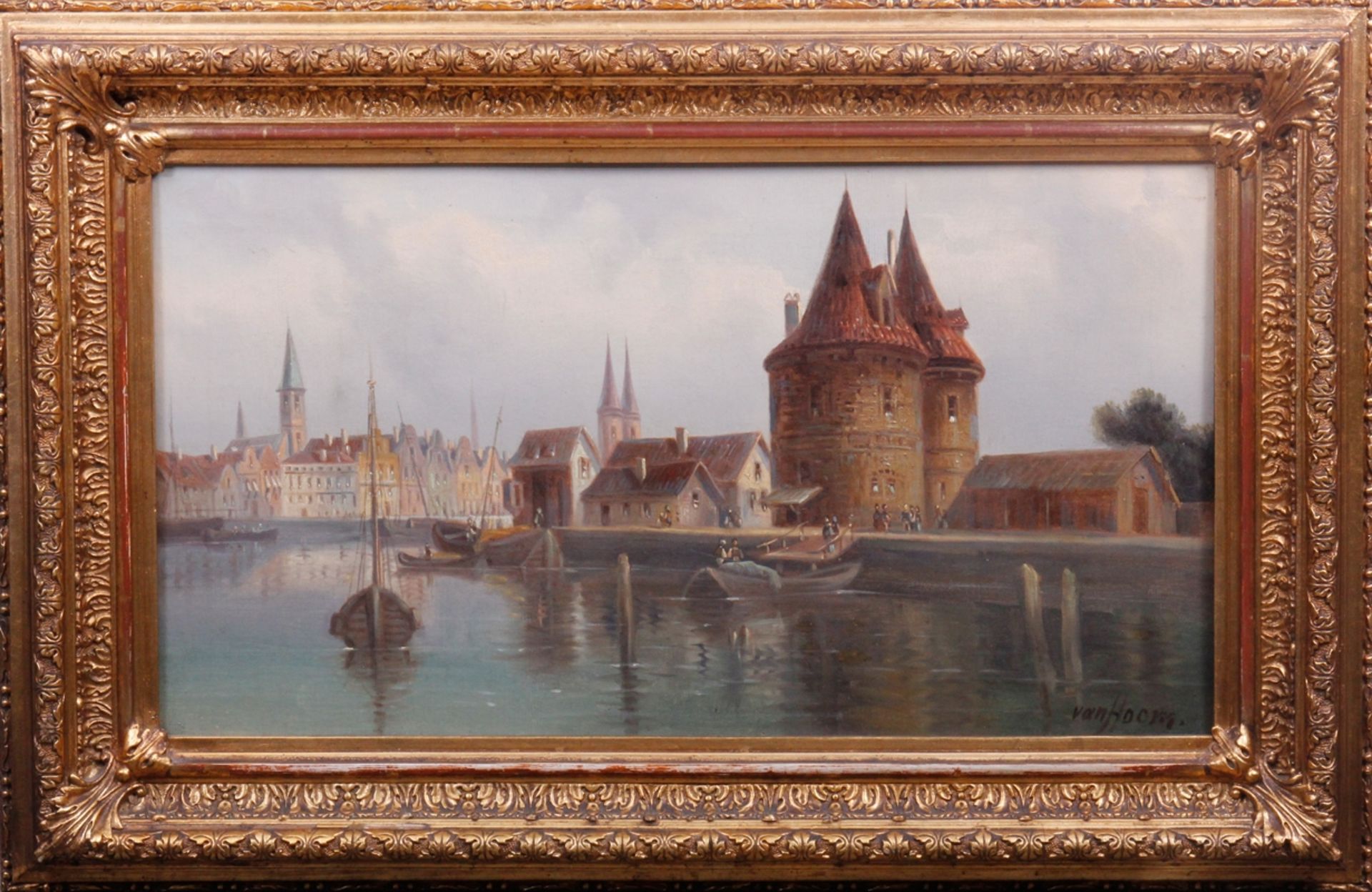 Ludwig Hermann van Hoom (1812 - 1881, niederländischer Marinemaler), holländische Stadtansicht, Öl - Bild 3 aus 4