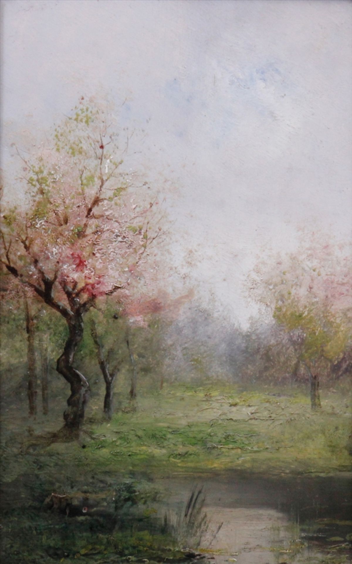 Paar Gemälde, Winter- und Frühlingslandschaft, unbekannter Künstler, 2.H.19.Jhdt., Öl auf Holz, u.r. - Bild 2 aus 3