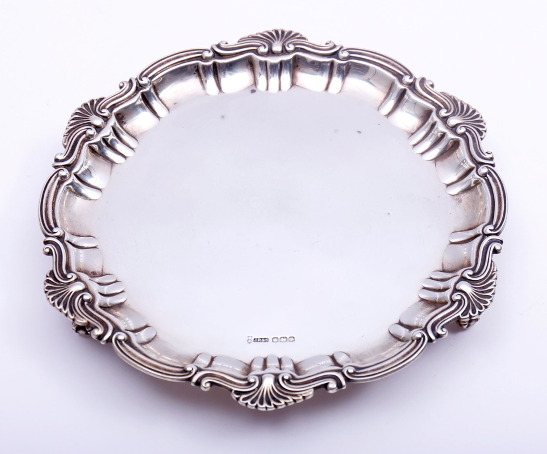 Salver, 925er Silber, Joseph Rogers & Sons, Sheffield, 1923, auf 4 Ball- u. Klauenfüßen, passiger