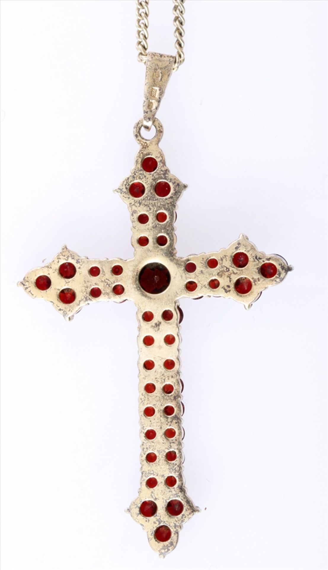 Collier mit Kreuz und Granatbesatz , Kreuz 925 Silber vergoldet, Kette Double. Länge ca. 50cm, Kreuz - Bild 4 aus 4