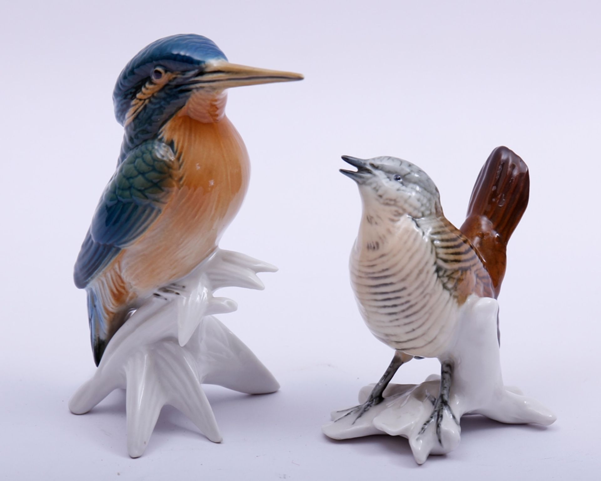 2 unterschiedliche Vögel, Ens, 20.Jh., naturalistisch staffiert, Porzellan, H: 9-12,5cm2 birds, Ens,