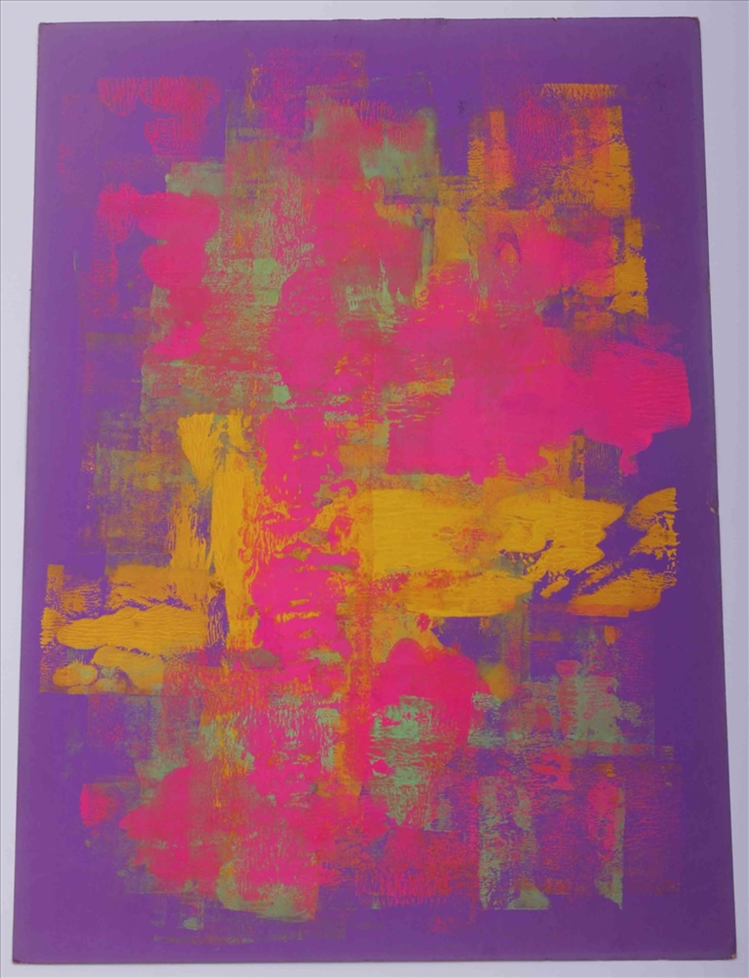 Tryptichon, 3 gegenstandslose Malereien in Neonfarben, unbekannter Künstler, Acryl auf Pappe, 60er - Image 2 of 4