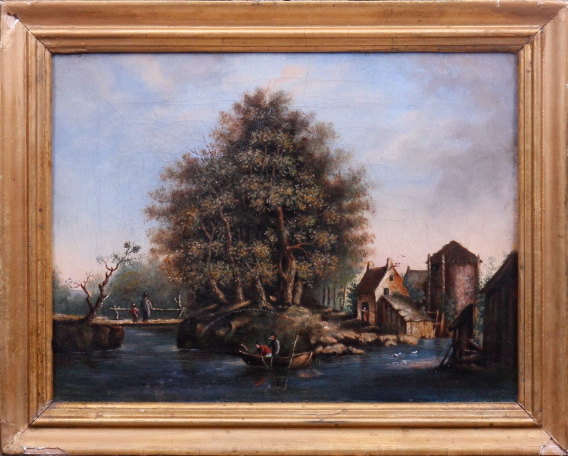 Flußlauf bei einem Dorf mit kleinem Fischerboot, unbekannter Künstler, Öl auf Leinwand, 19. Jhdt.,