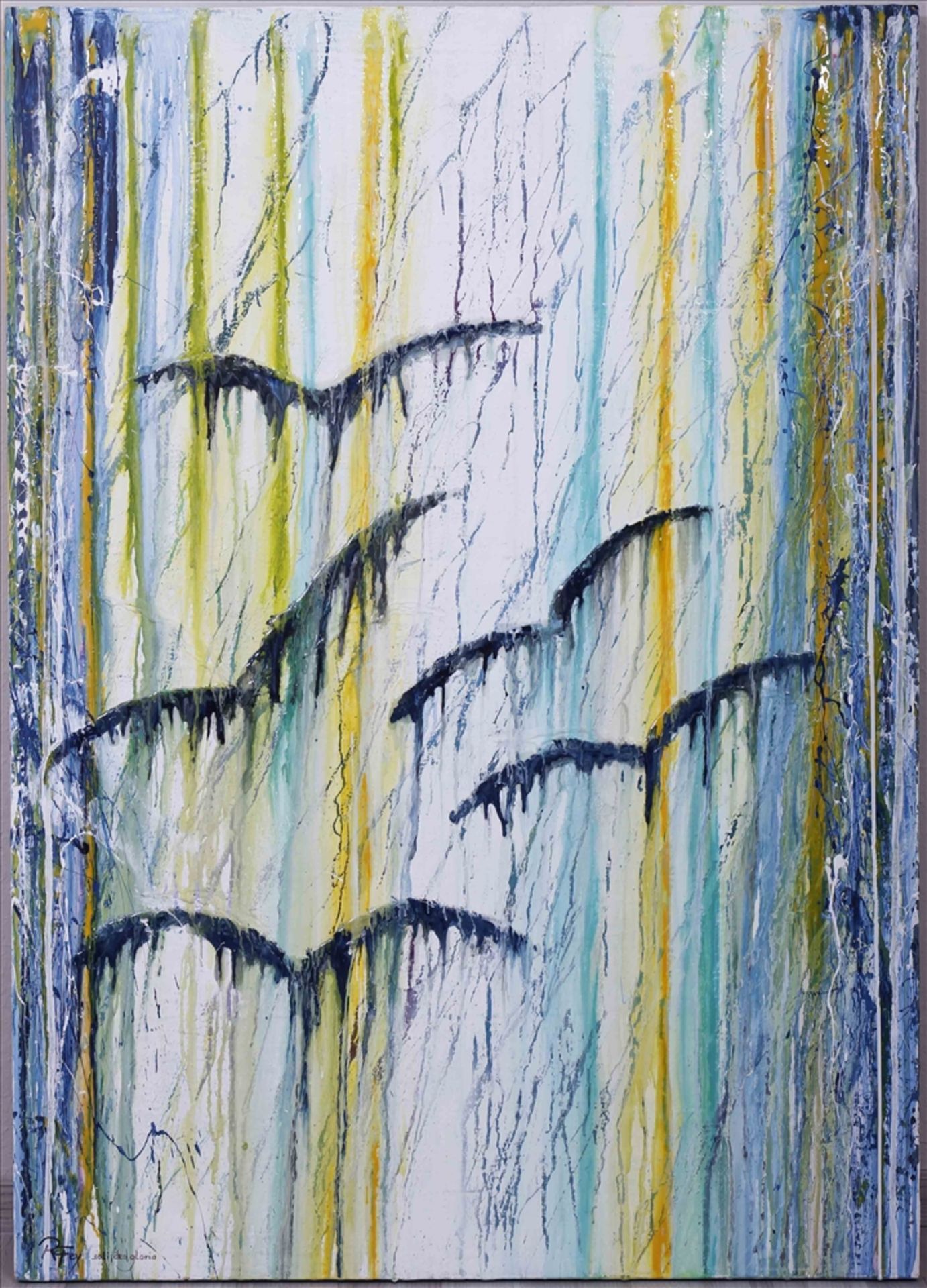 Roswitha Fey, "Vögel im Sturm", Flüssigglas und Acryl auf Holz, u.l. sign. "R. Fey", bez. "soli