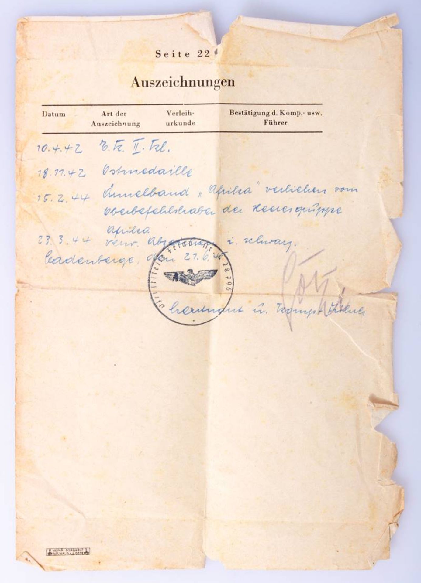Nachlaß Schröder Deutsches Afrika-KorpsWehrpaß mit Umschlag, Bild fehlt ansonsten komplett ( - Bild 7 aus 11