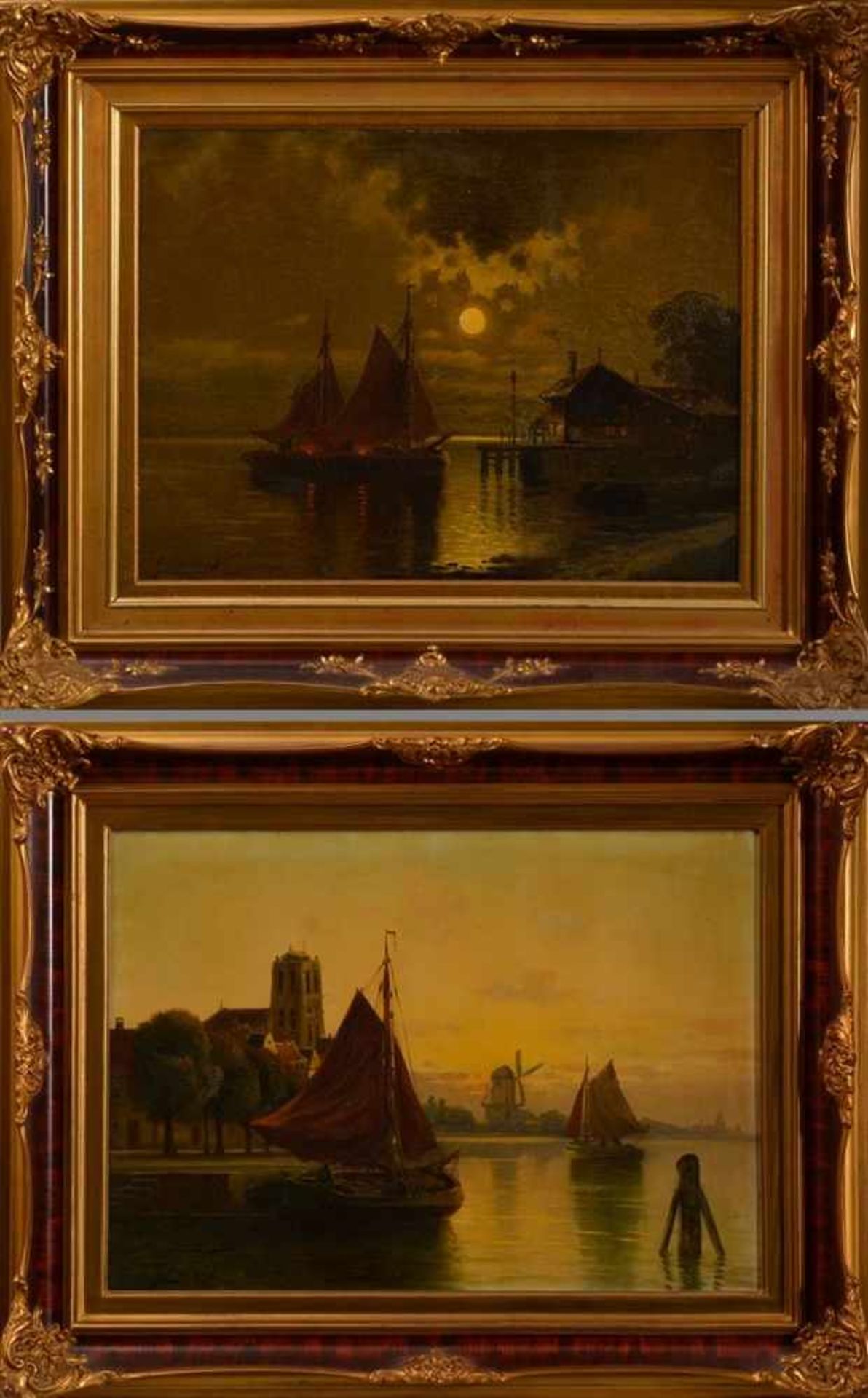 Carl Bertold (1870 - ?), Paar Gemälde, Segelboote vor Stadtkulisse bzw. Hütte am Ufer, jew. u.l.