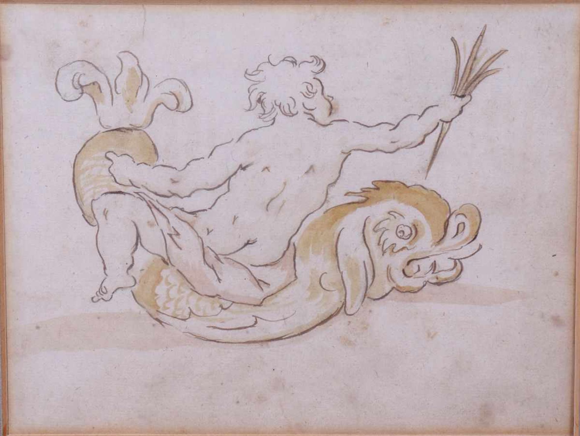 Putto auf Delfin,Barocke Entwurfsskizze, wohl um 1800, Bleistift und Tusche, verso mit Bleistift - Bild 2 aus 2