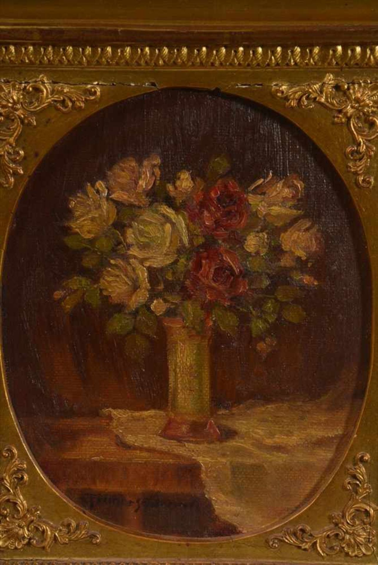 Jugendstil-Blumenstrauß Unbekannter Künstler, um 1900, Öl auf Hartfaser, u.l. unl. sign., ovaler - Image 2 of 5