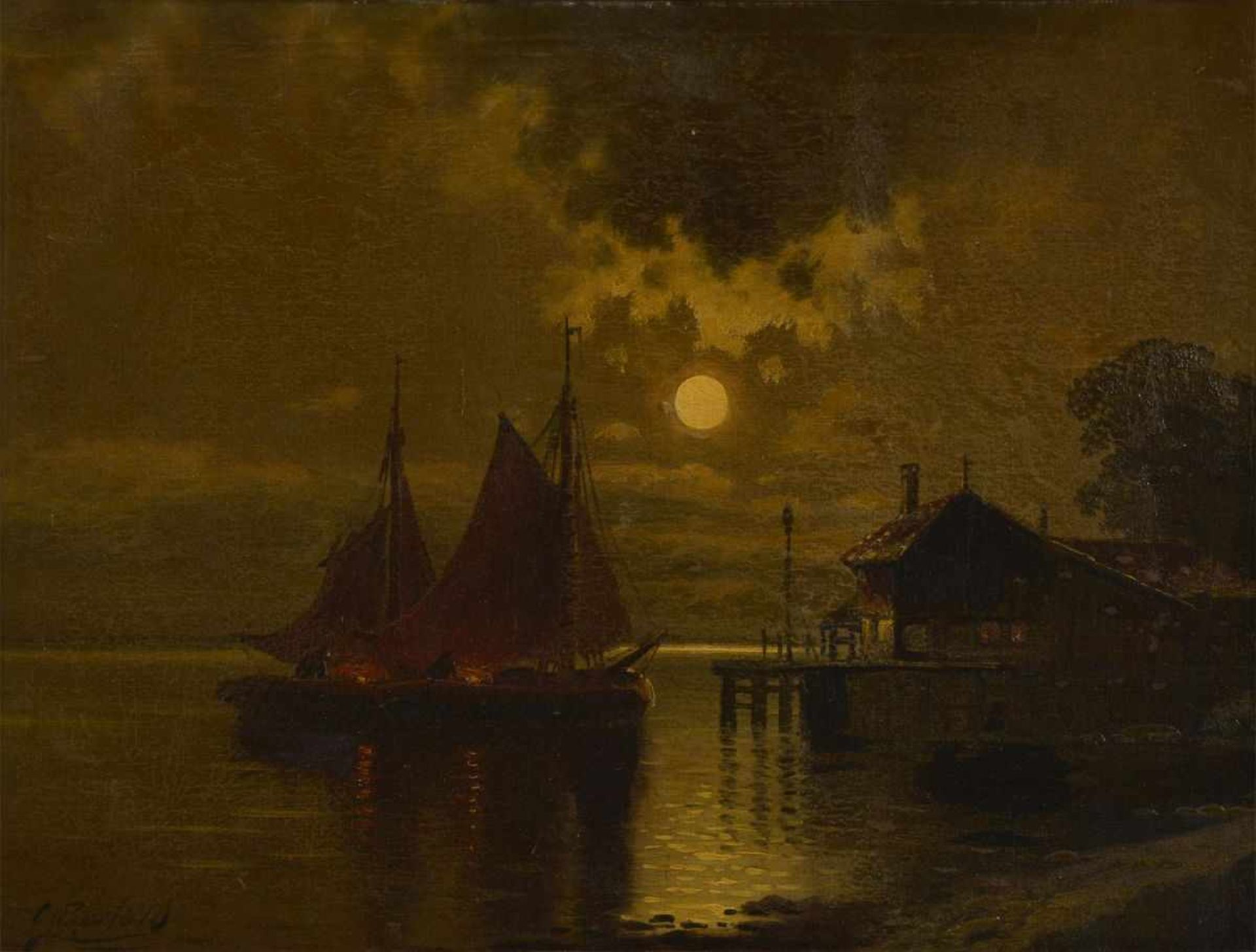 Carl Bertold (1870 - ?), Paar Gemälde, Segelboote vor Stadtkulisse bzw. Hütte am Ufer, jew. u.l. - Image 4 of 9