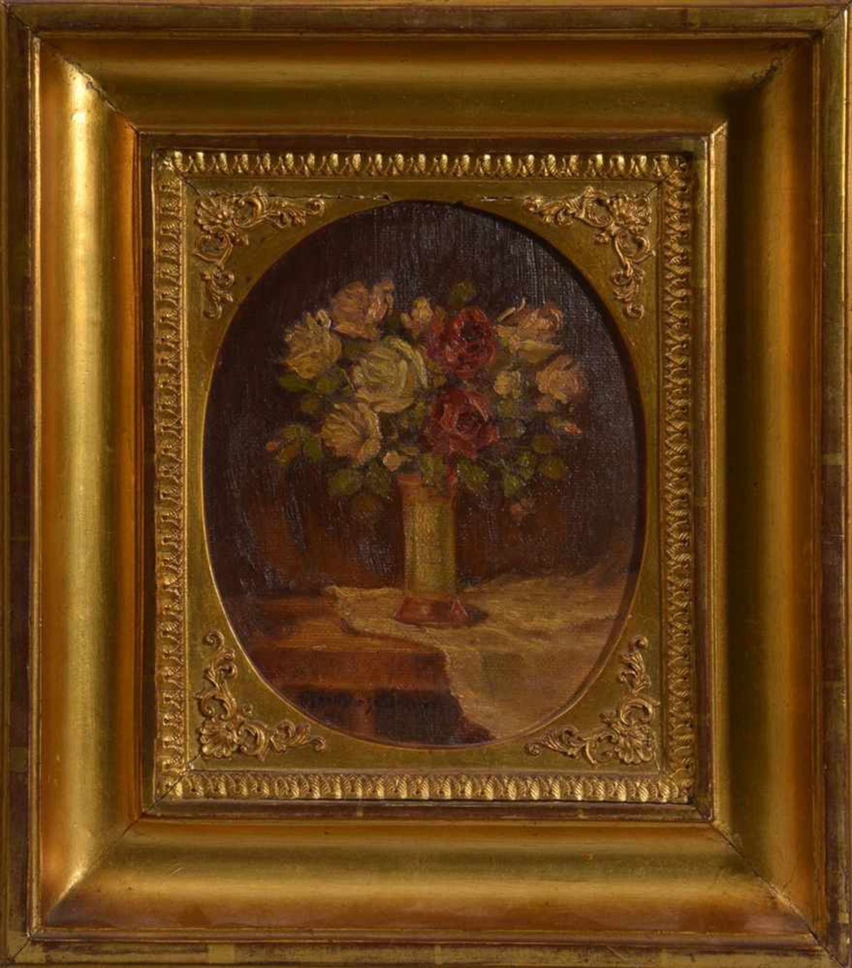 Jugendstil-Blumenstrauß Unbekannter Künstler, um 1900, Öl auf Hartfaser, u.l. unl. sign., ovaler