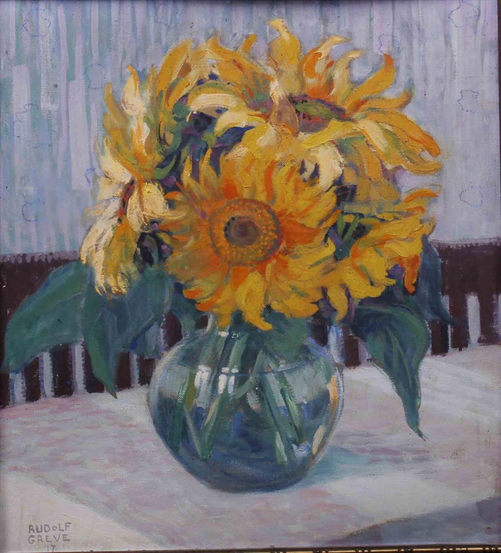 Rudolf Greve (1883 - 1962), Blumenstillleben mit Sonnenblumen in einer Glasvase, Öl auf Pappe, 1.H.