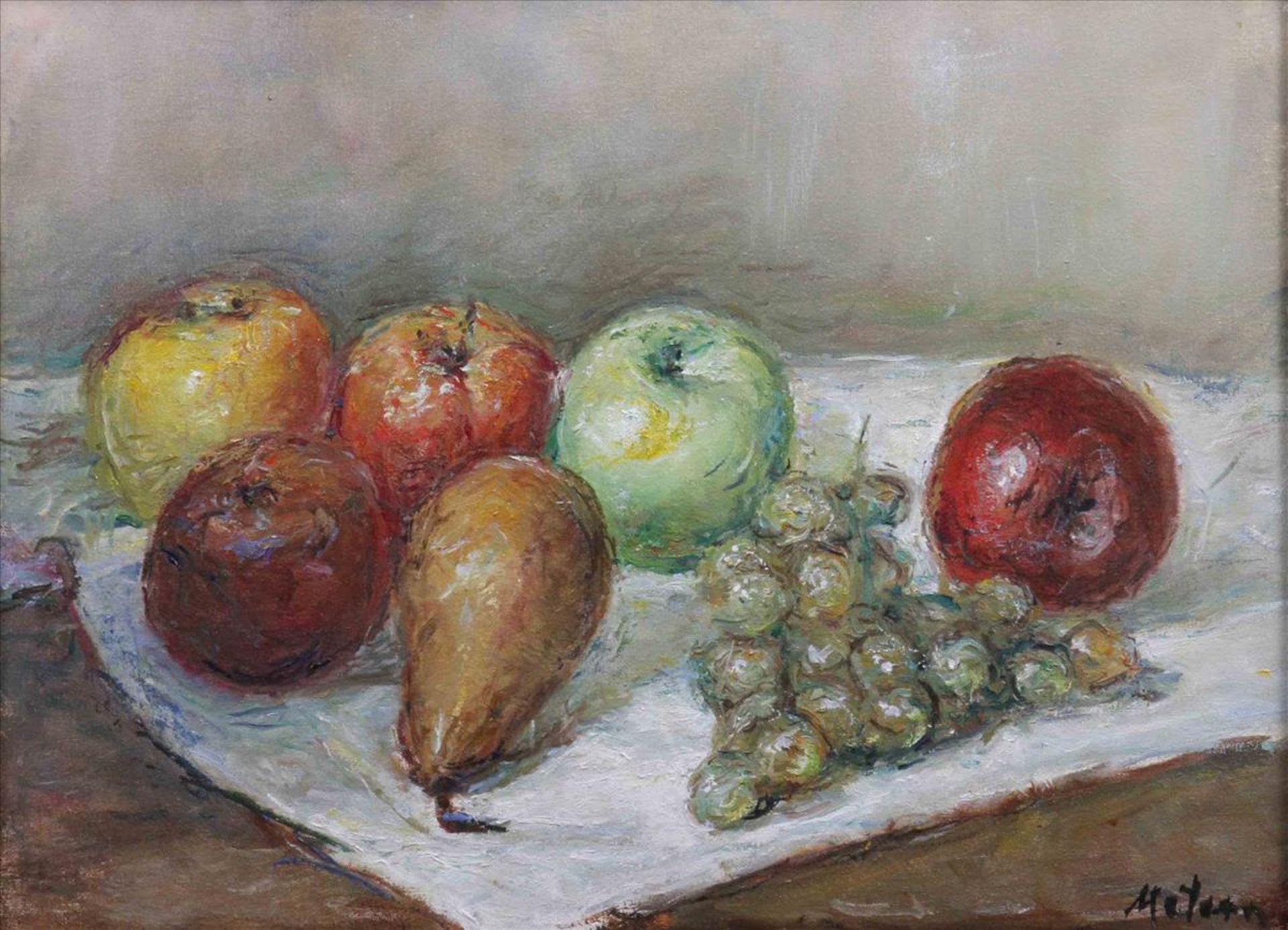 Hans-Werner Matern (1906 in Rostock - 1996 in Lübeck), Stilleben mit Trauben, Äpfeln und Birne, Öl