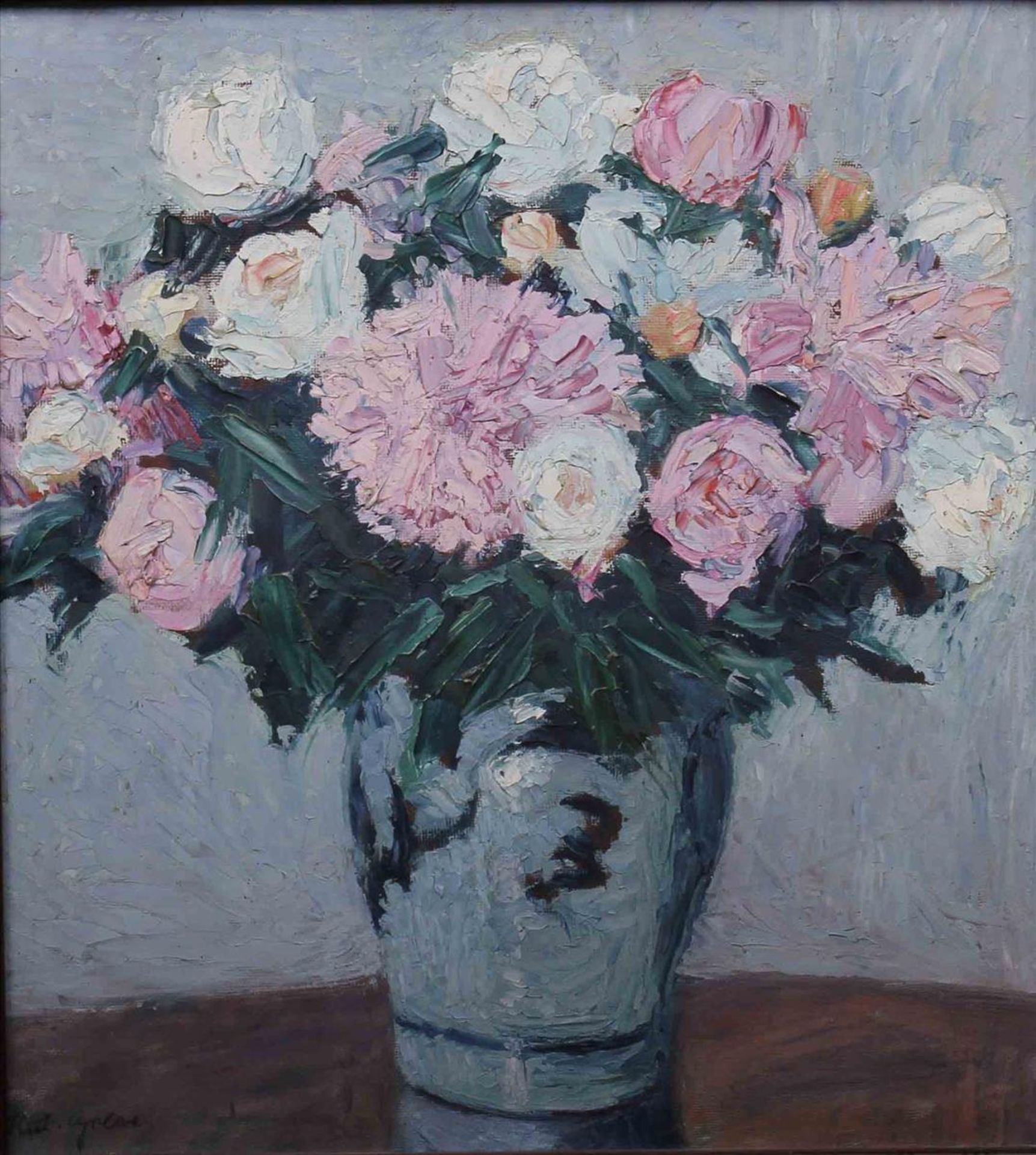 Rudolf Greve (1883 - 1962), Blumenstillleben mit weißen und rosafarbenen Chrysanthemen und Rosen