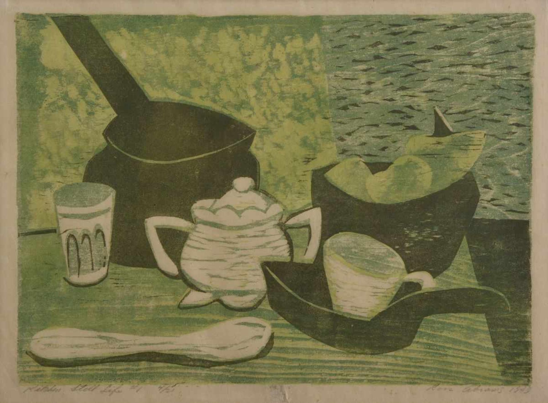 Ross Abrams (1920 - 2007, amerikanischer Künstler), bet. "Kitchen Still Life #1", Farbholzschnitt, - Image 2 of 4