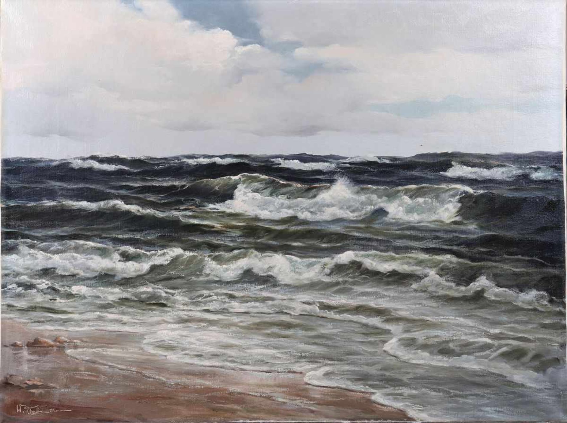 Walter Dettmann (1914 in Kolberg - 1984 in Berlin), anrollende Wellen am Strand, Öl auf Leinwand,