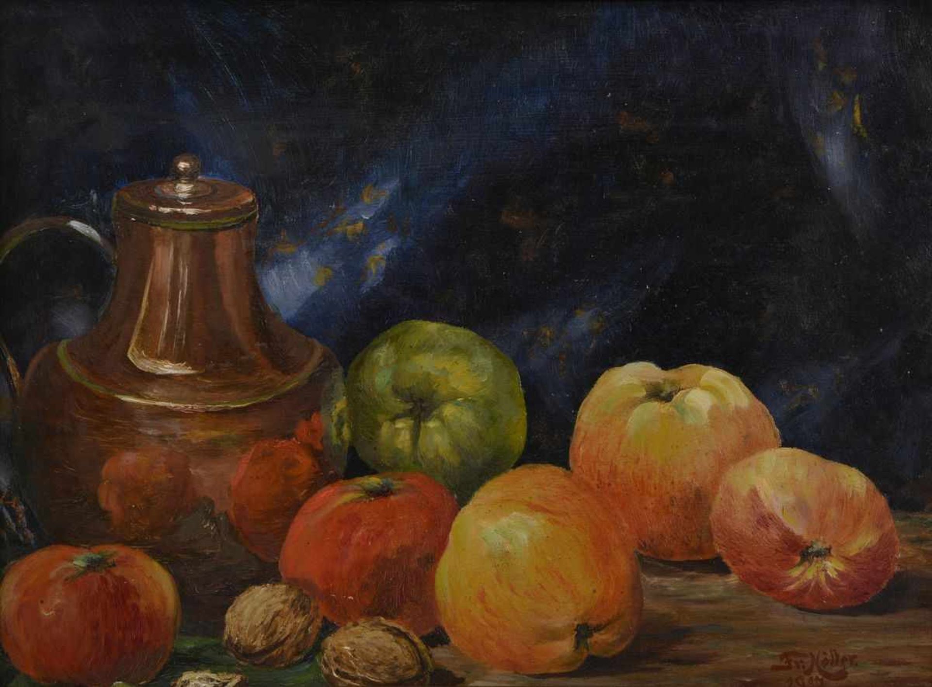 Fritz Moeller-Schlünz (1900 in Schwaan - 1990 in Lübeck), Paar Gemälde, Obst-Stilleben mit Äpfeln - Image 4 of 8