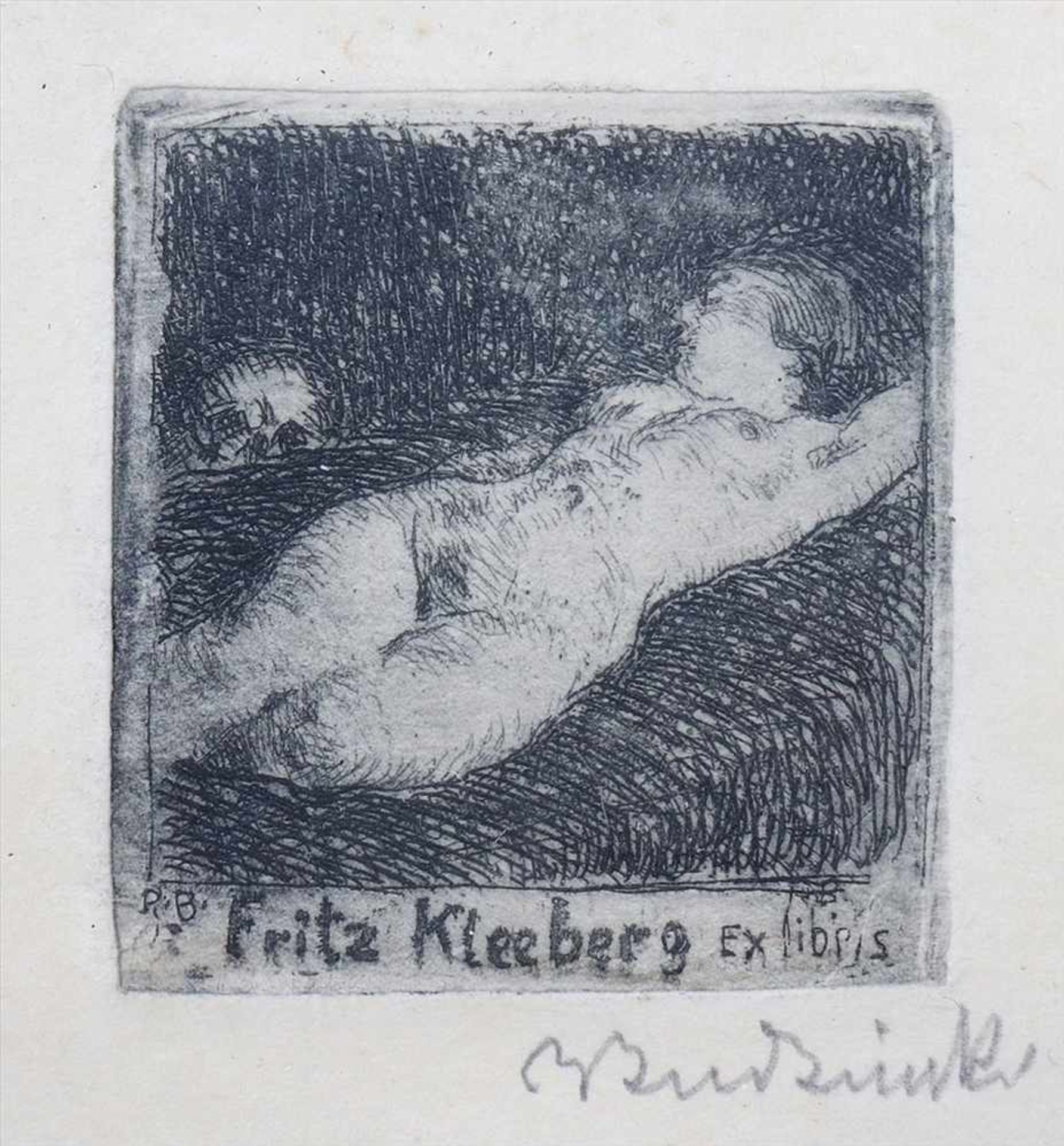 Ex libris-Radierung für Fritz Kleebergunbekannter Künstler, liegender weiblicher Akt mit Totenkopf - Image 2 of 2