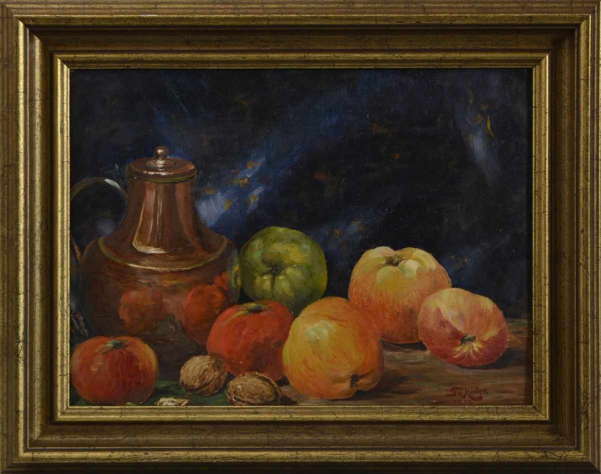 Fritz Moeller-Schlünz (1900 in Schwaan - 1990 in Lübeck), Paar Gemälde, Obst-Stilleben mit Äpfeln - Bild 2 aus 8