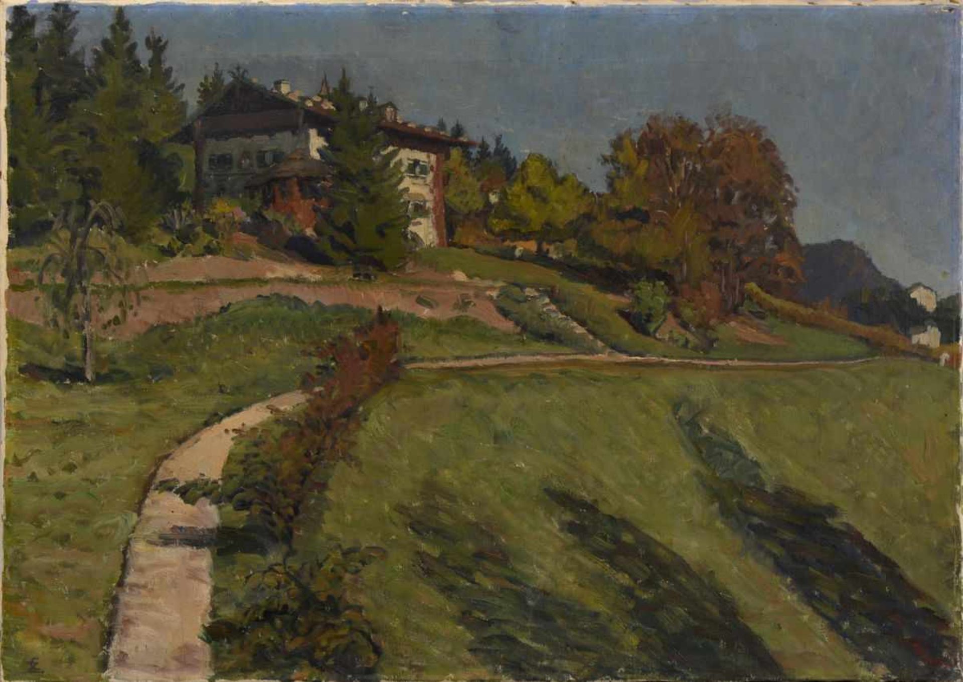 Impressionistische Darstellung eines Hauses auf einem HügelUnbekannter Künstler, 1.H.20.Jhdt., Öl