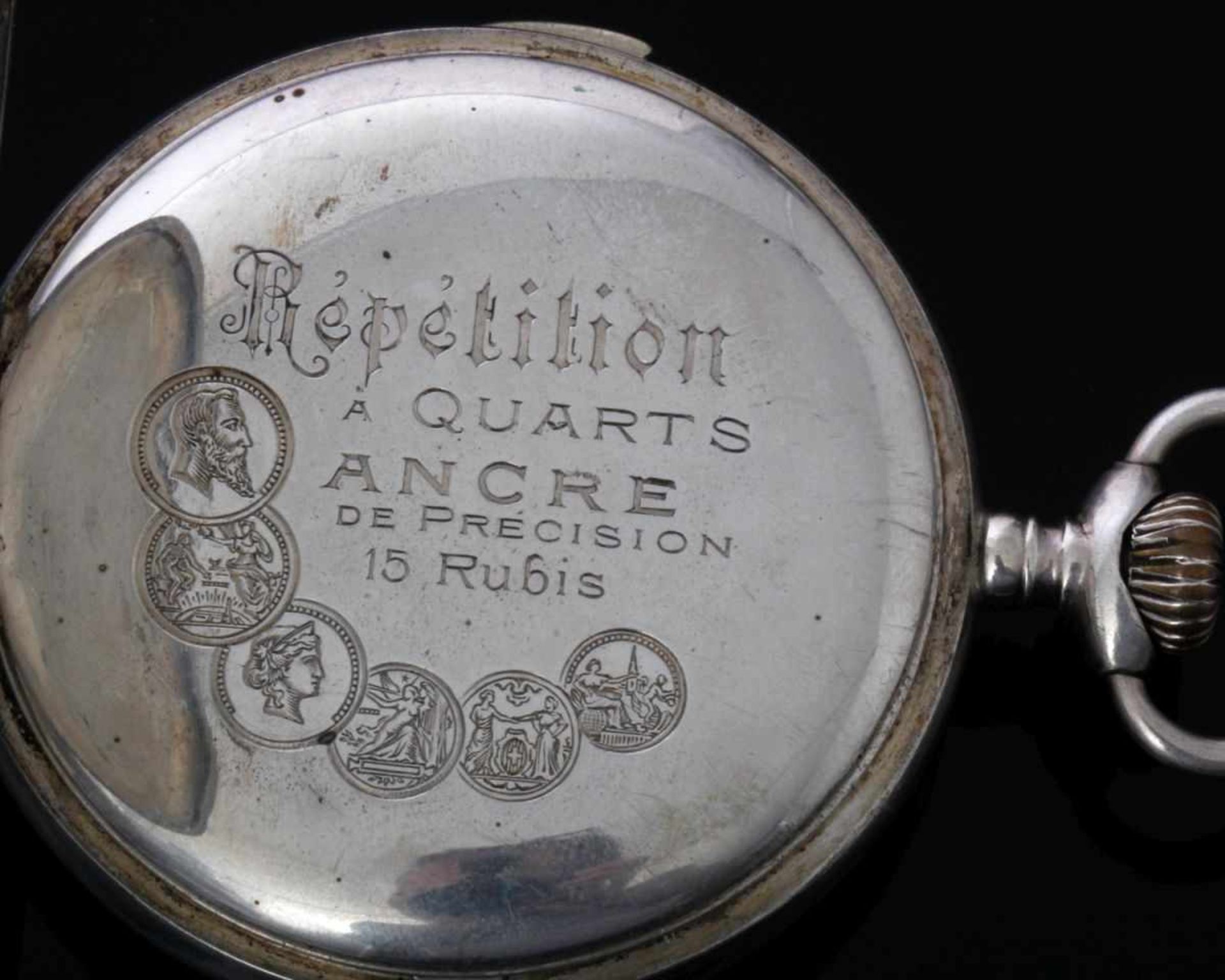 Taschenuhr Brevet mit 1/4 Repetition874er Silber, Schweiz, ca. 1900, 2. Deckel mit 6 Medaillen - Bild 3 aus 4