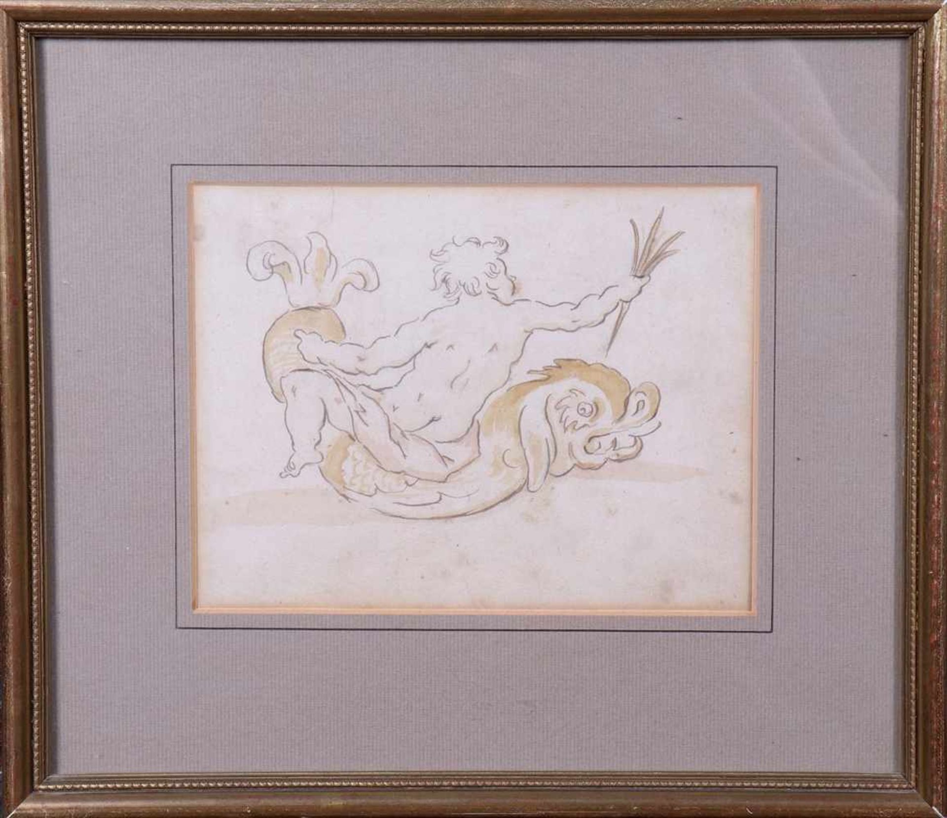 Putto auf Delfin,Barocke Entwurfsskizze, wohl um 1800, Bleistift und Tusche, verso mit Bleistift