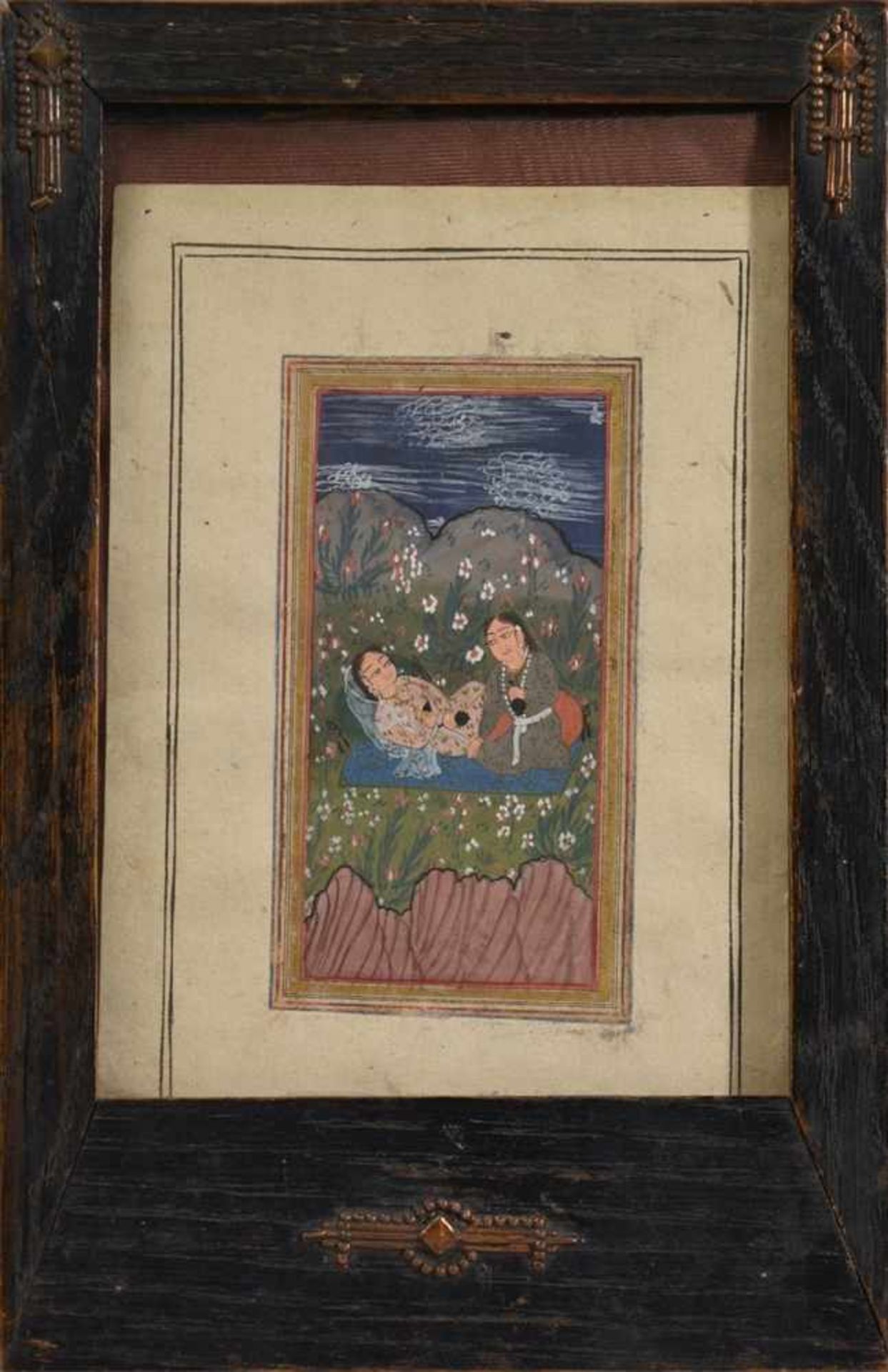 Miniatur-MalereiIndien, wohl 19.Jh., Gouache auf Papier, Darstellung zweier Damen in hügeliger
