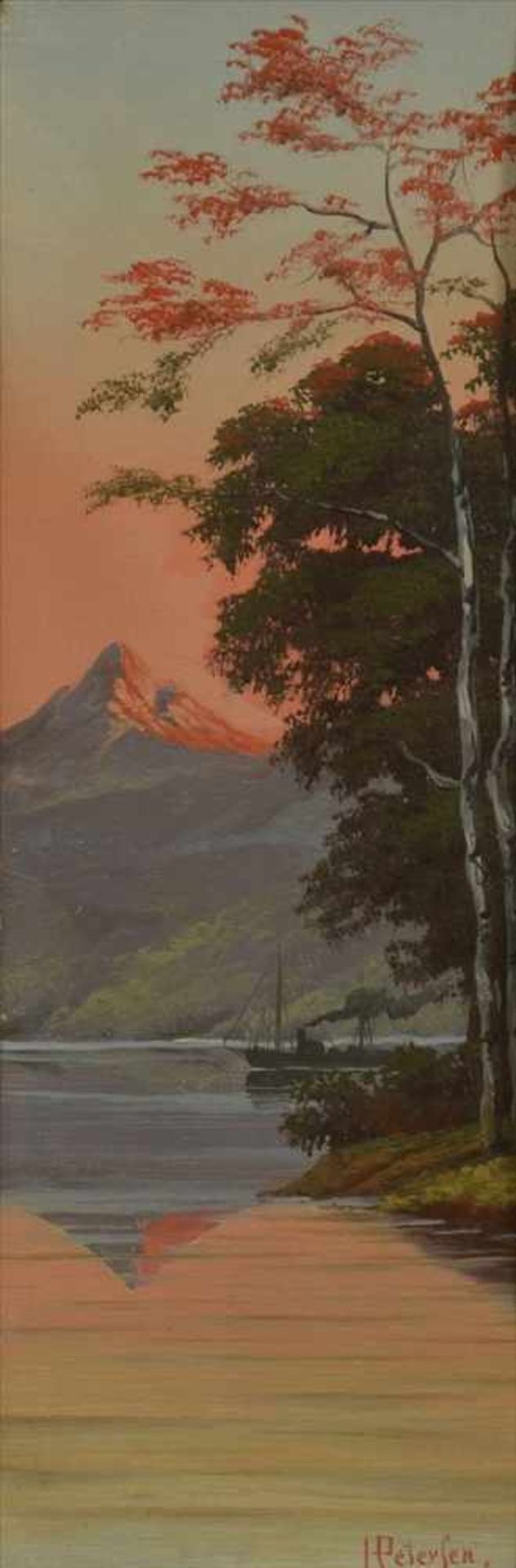 Heinrich Petersen (1881-1955), Landschaft mit Berg, See und Dampfschiff im Schein der - Image 2 of 4