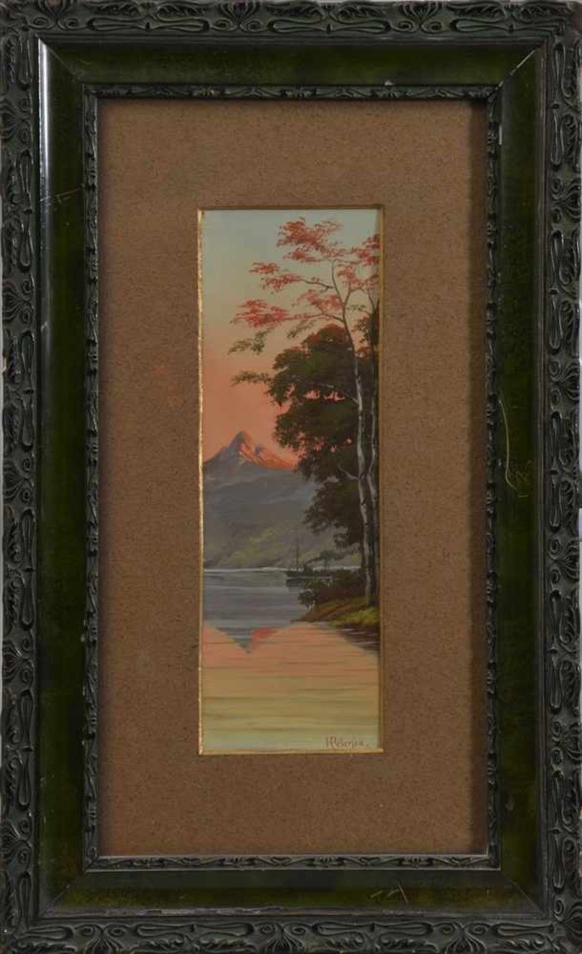 Heinrich Petersen (1881-1955), Landschaft mit Berg, See und Dampfschiff im Schein der