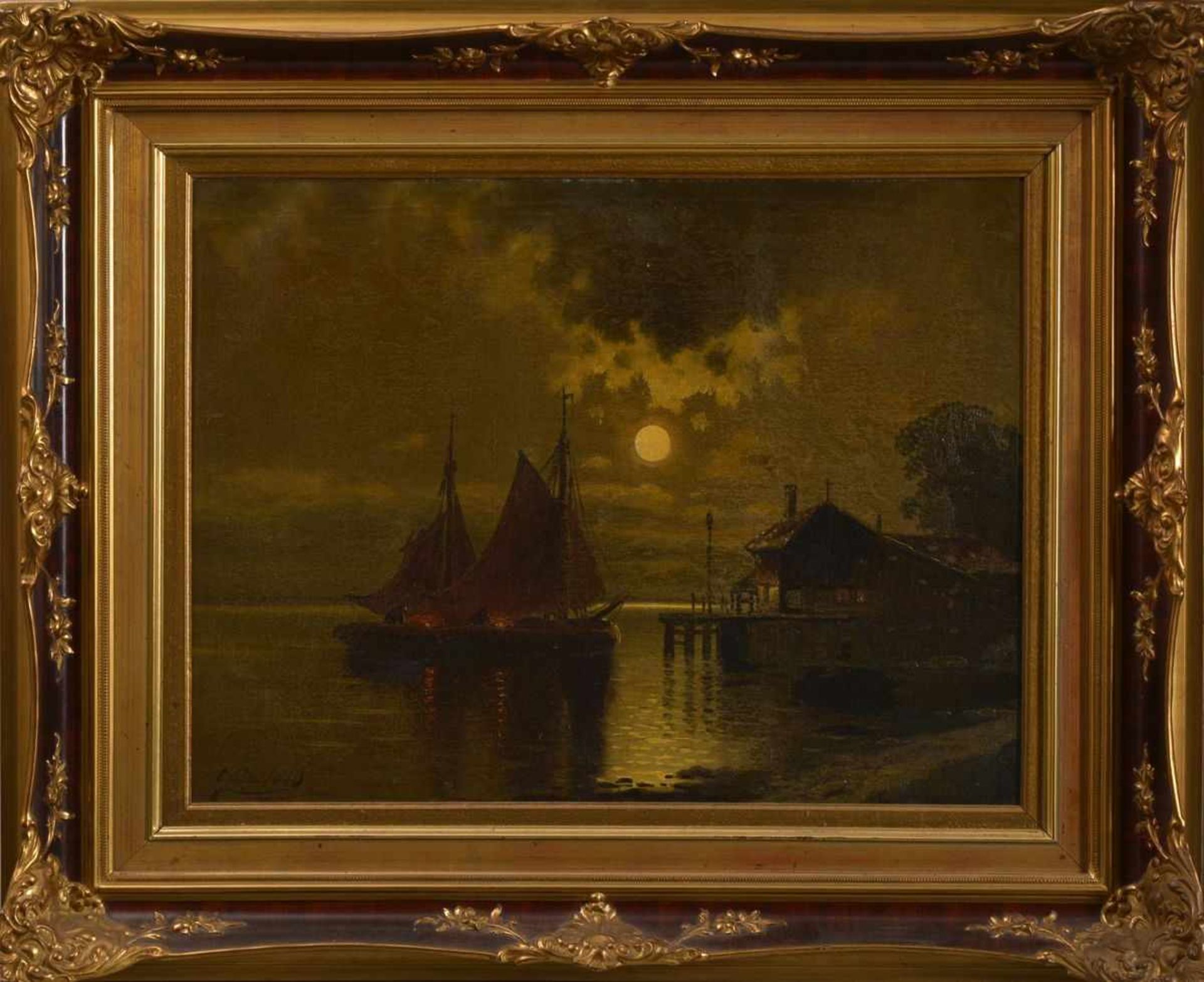 Carl Bertold (1870 - ?), Paar Gemälde, Segelboote vor Stadtkulisse bzw. Hütte am Ufer, jew. u.l. - Image 2 of 9