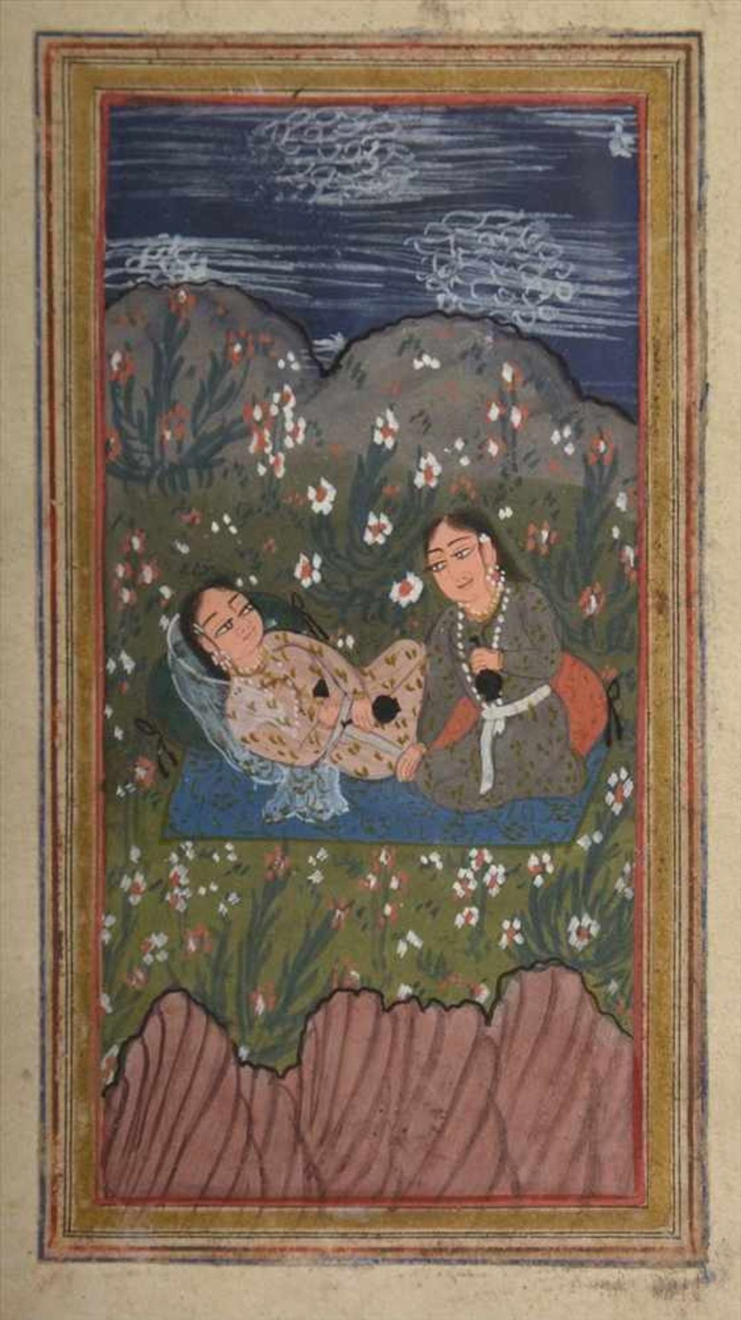 Miniatur-MalereiIndien, wohl 19.Jh., Gouache auf Papier, Darstellung zweier Damen in hügeliger - Image 2 of 2