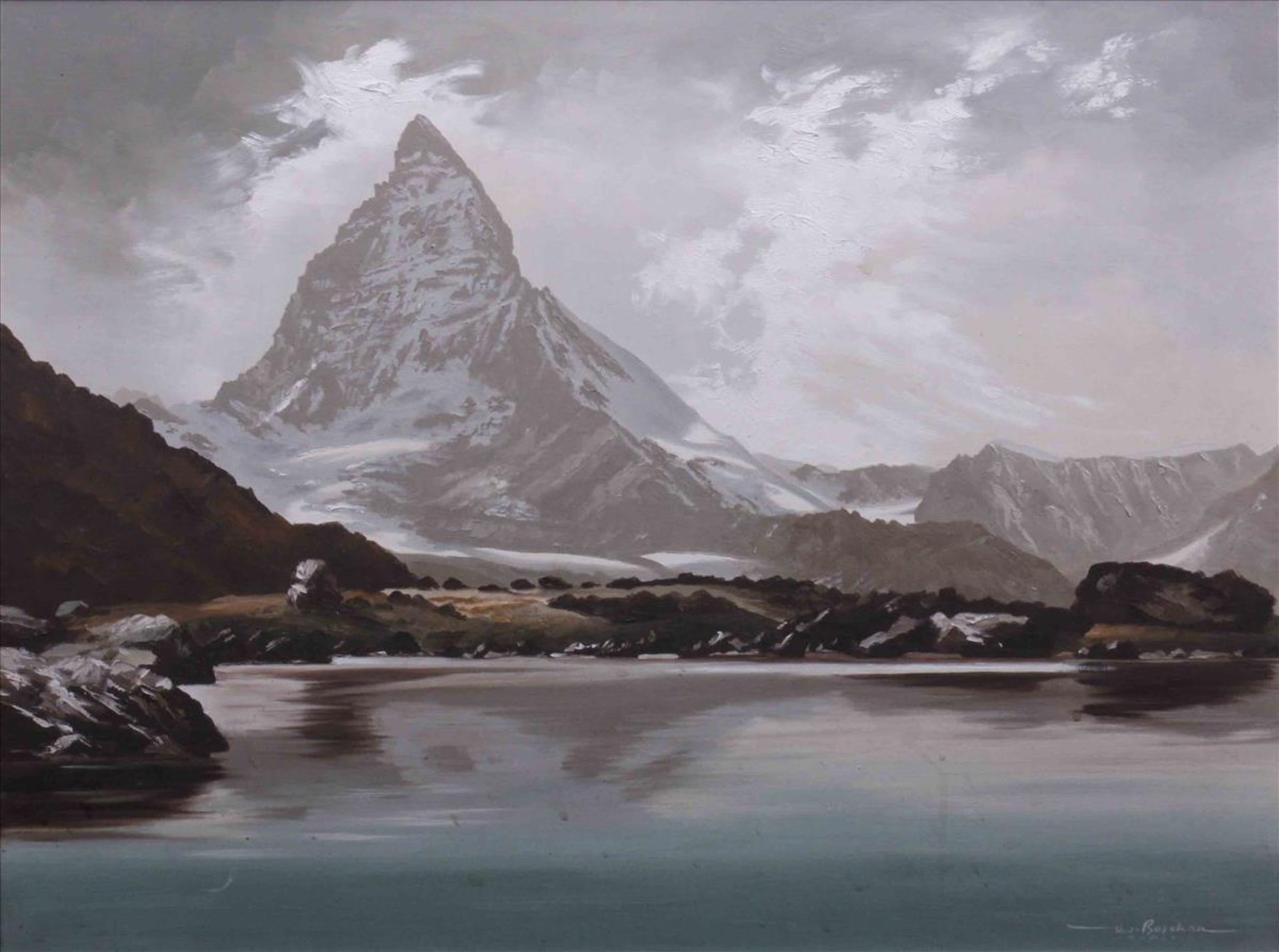 Walter Josef Boschan (Wien 1911-1984), "Späte Sonne - Matterhorn am Riffelsee, Schweiz", 1964, Öl