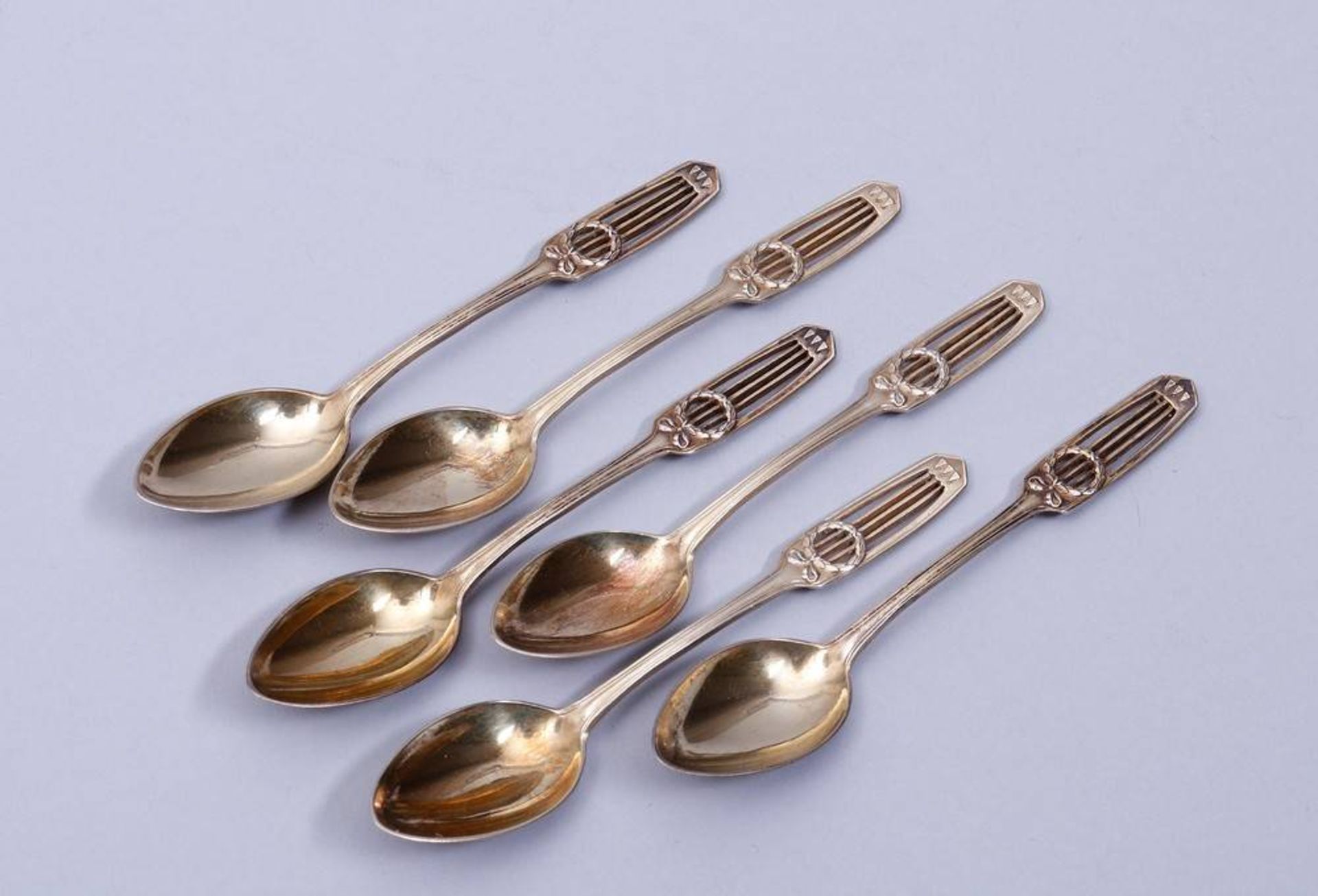 6 Art-Nouveau-Mocca spoons silver gilt, Bruckmann & Söhne, ca. 44,4g in total, L: 9,5cm, signs of