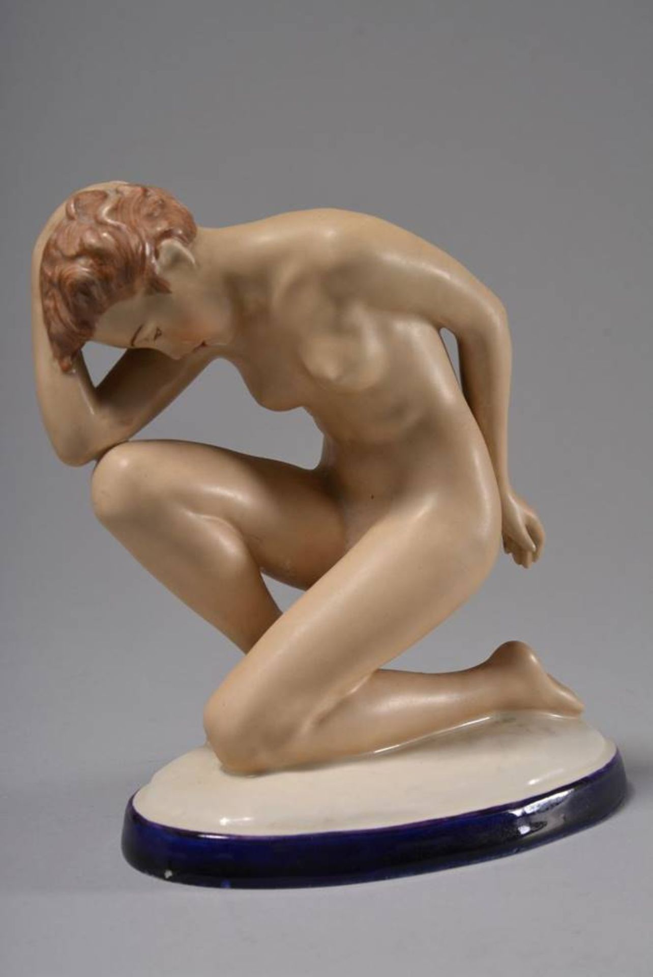 Nude figurinedesign Elly Strobach for Royal Dux, 20th C., kneeling female nude, No. to base, H 15,