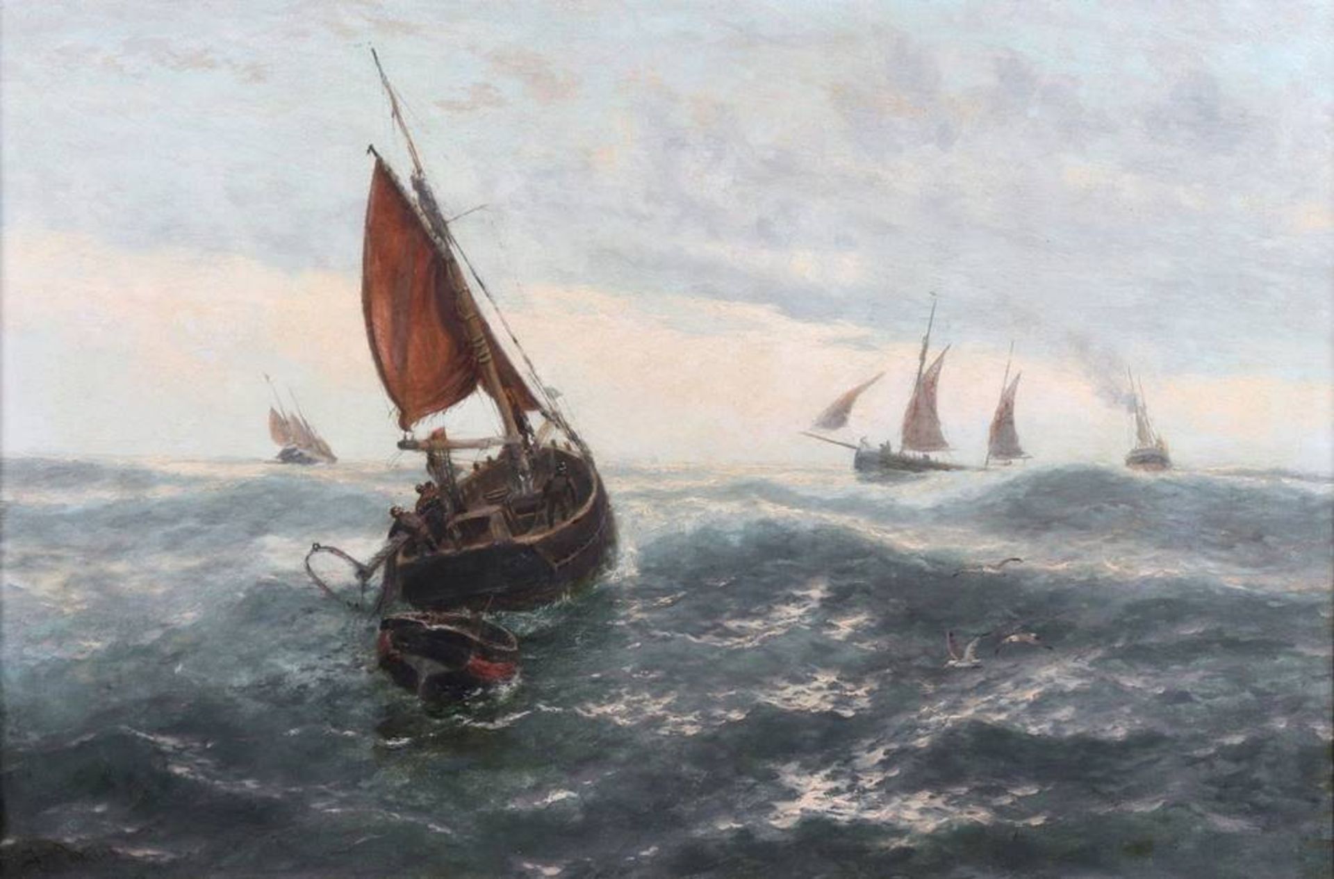 Thomas Rose Miles (1844 - 1916, engl. artist), verso titled "North Sea Trawlers", oil on canvas,