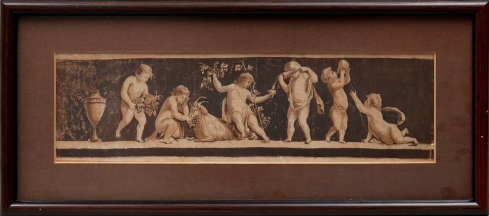 Cupid roundelay Sepia on silk, ca. 19th C., ca. 10x35,5cm, framed (ca. 20x45cm)
