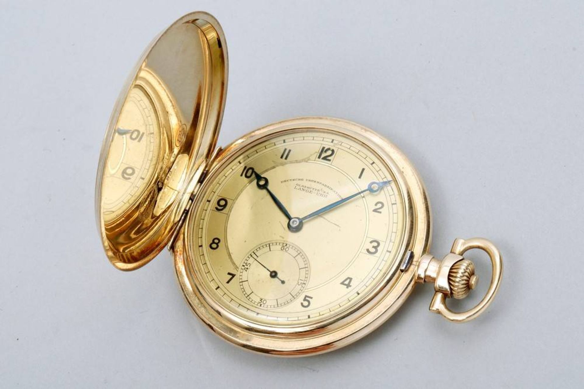 Hunter pocket watch 585 gold, Lange & Söhne, ca. 1925/30, ca. 85,6g in total, original box and