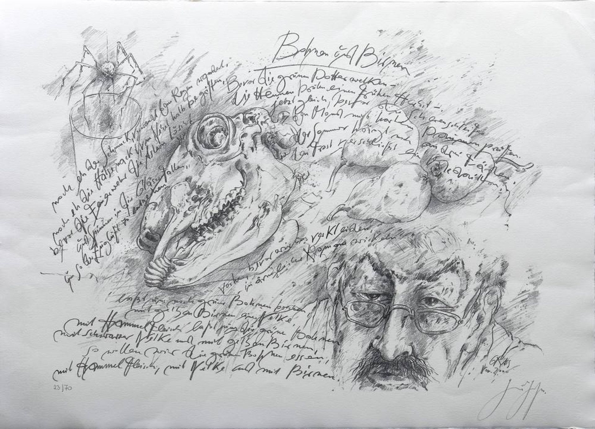 Günter Grass (1927, Danzig - 2015, Lübeck), "Bohnen und Birnen" (self portrait and animal skull),