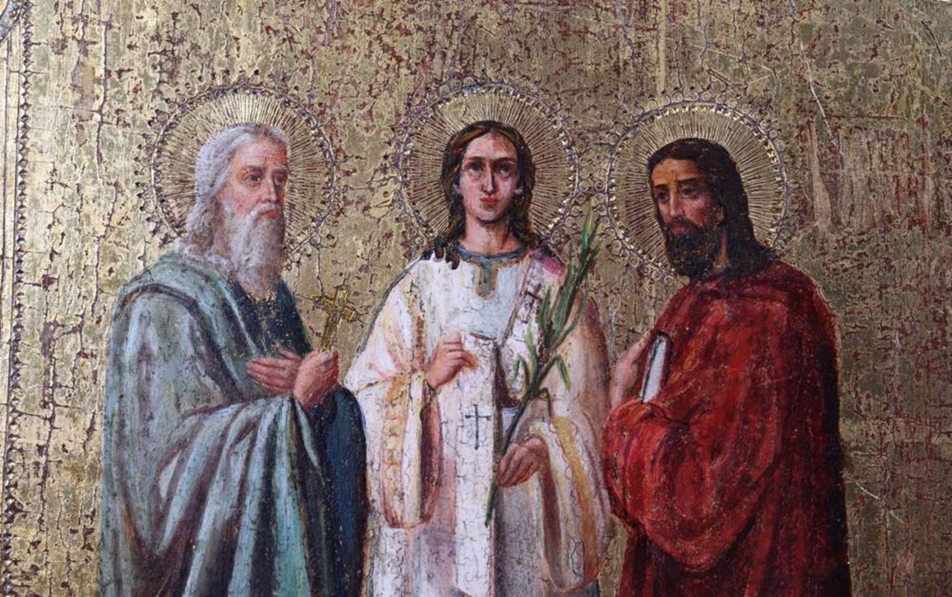 IconRussia, 19th C.,Tempera/gold on wood, 3 martyrs Gurias, Samonas and Abibus, HxB: 27x23,5cm, - Bild 2 aus 6