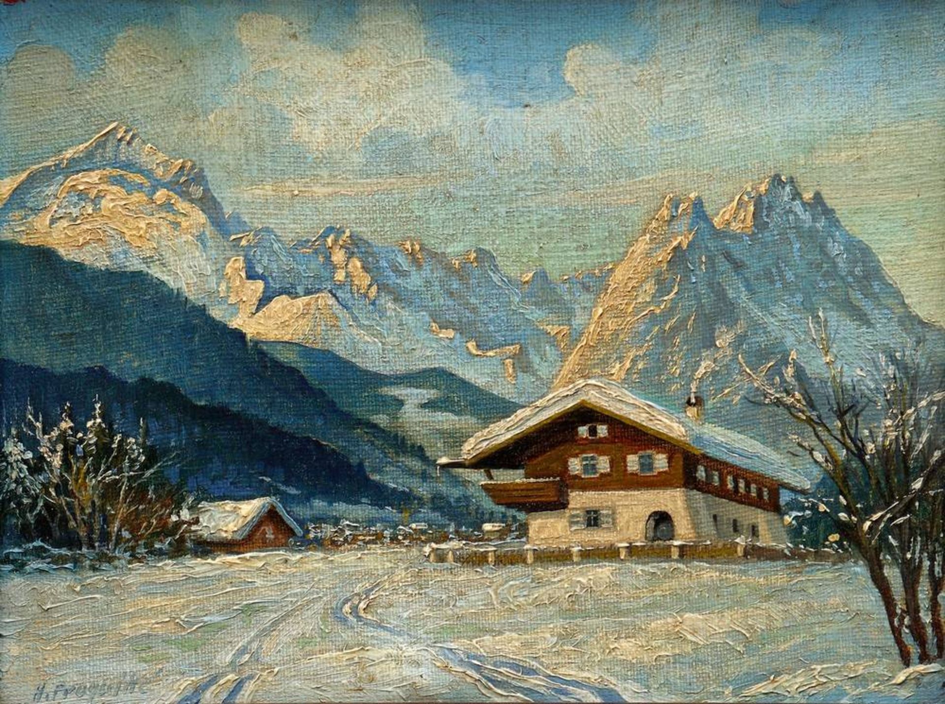 Hans Proquitté(activ 1st h. 20th C.), oil on canvas, alpine landscape with buildings, signed - Bild 2 aus 4