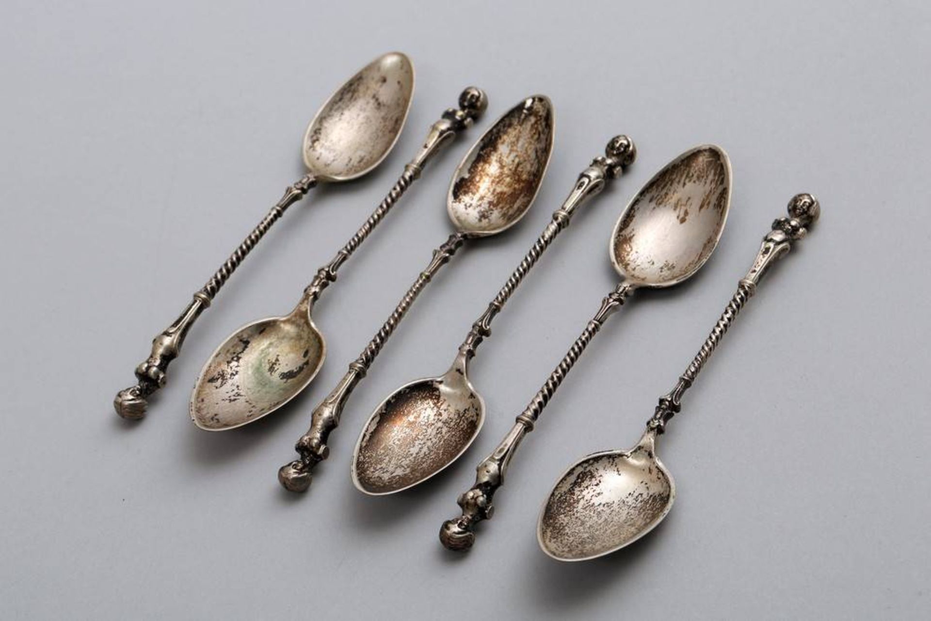 6 coffee spoons silver (750), possibly Austria, 19th C., 70,8g in total, L: 11cm, signs of age6