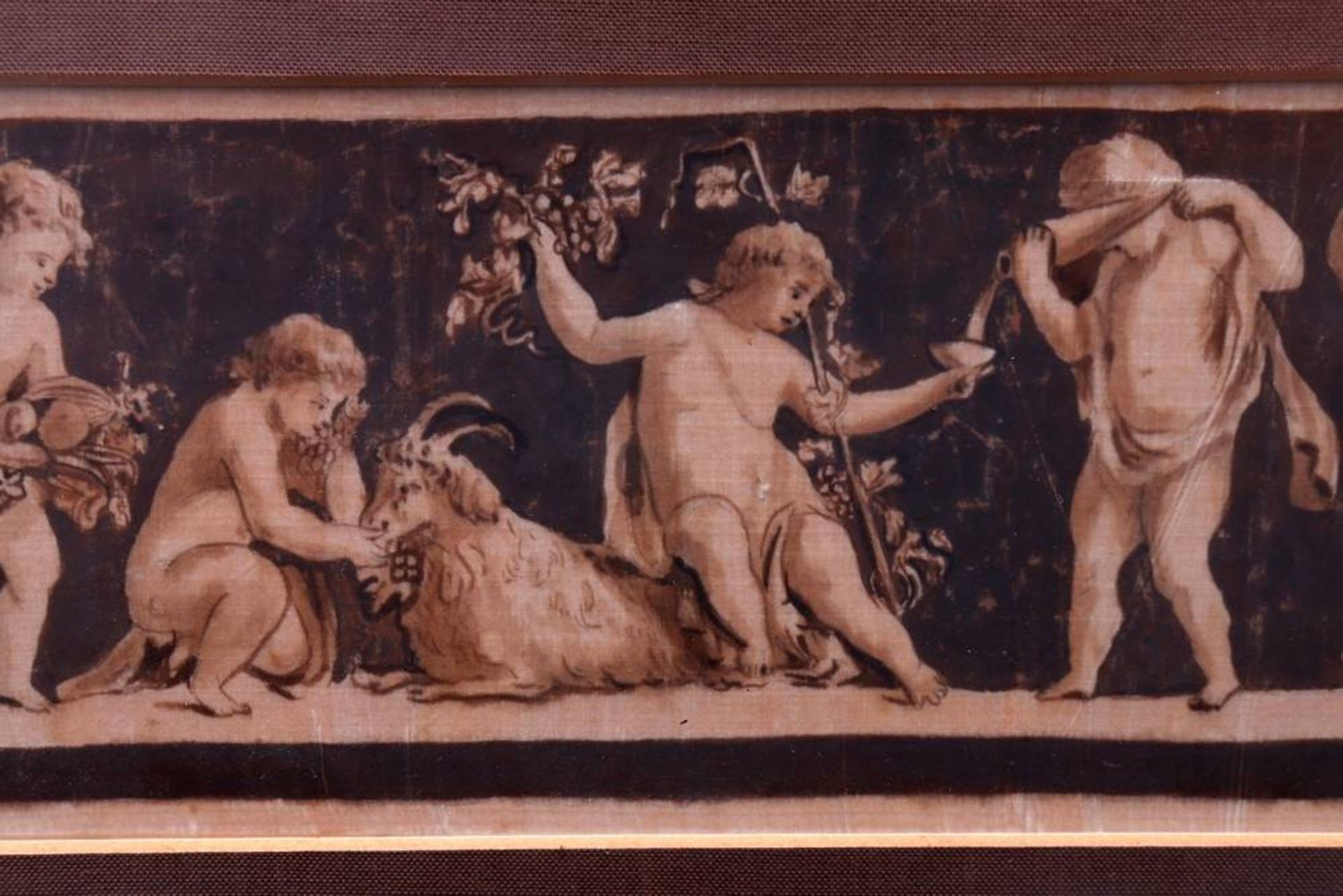 Cupid roundelay Sepia on silk, ca. 19th C., ca. 10x35,5cm, framed (ca. 20x45cm) - Bild 2 aus 2