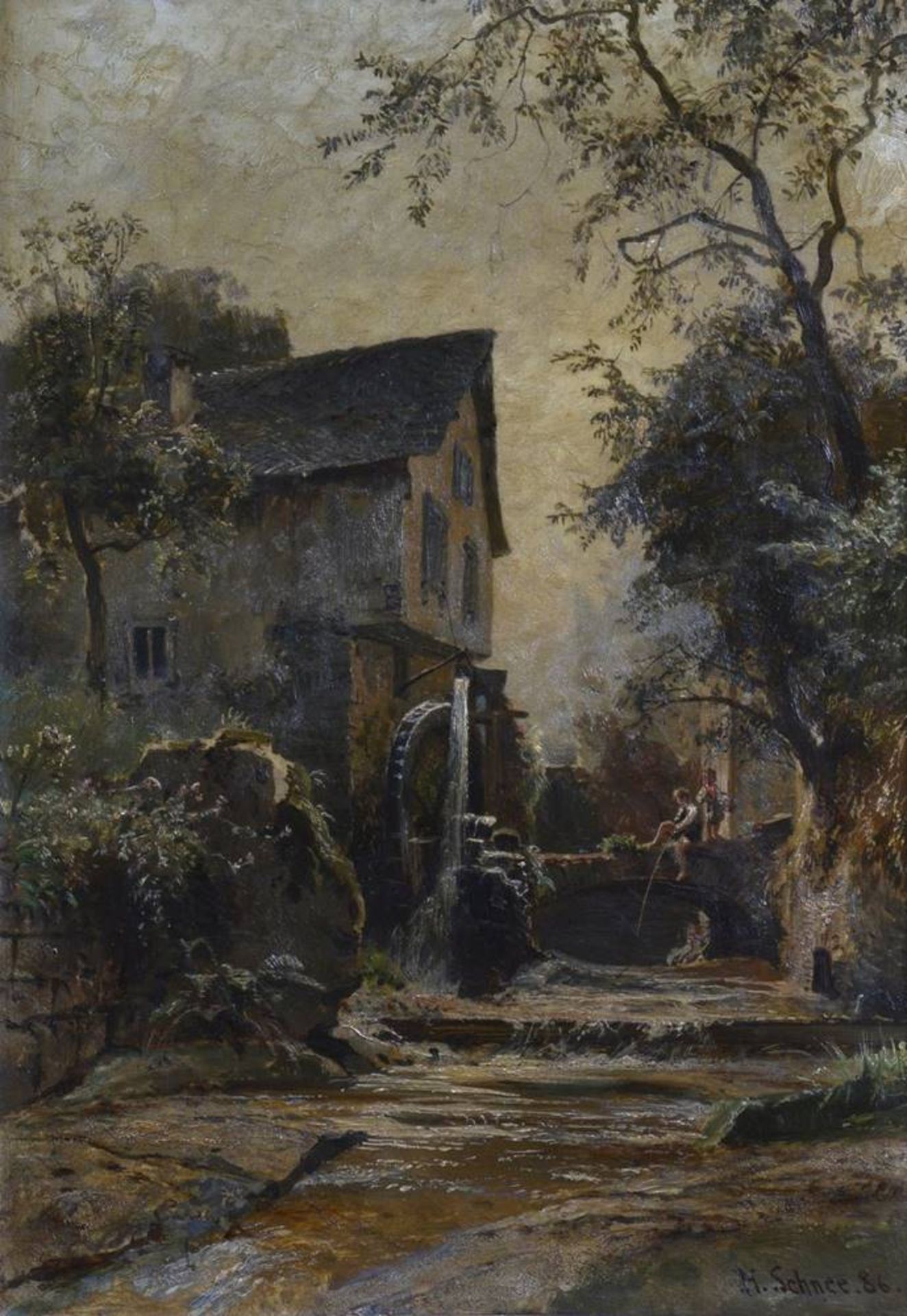 Hermann Schnee (1840, Treuenbrietzen - 1926, Berlin), watermill with figures, dat. (18)86, signed - Bild 2 aus 6