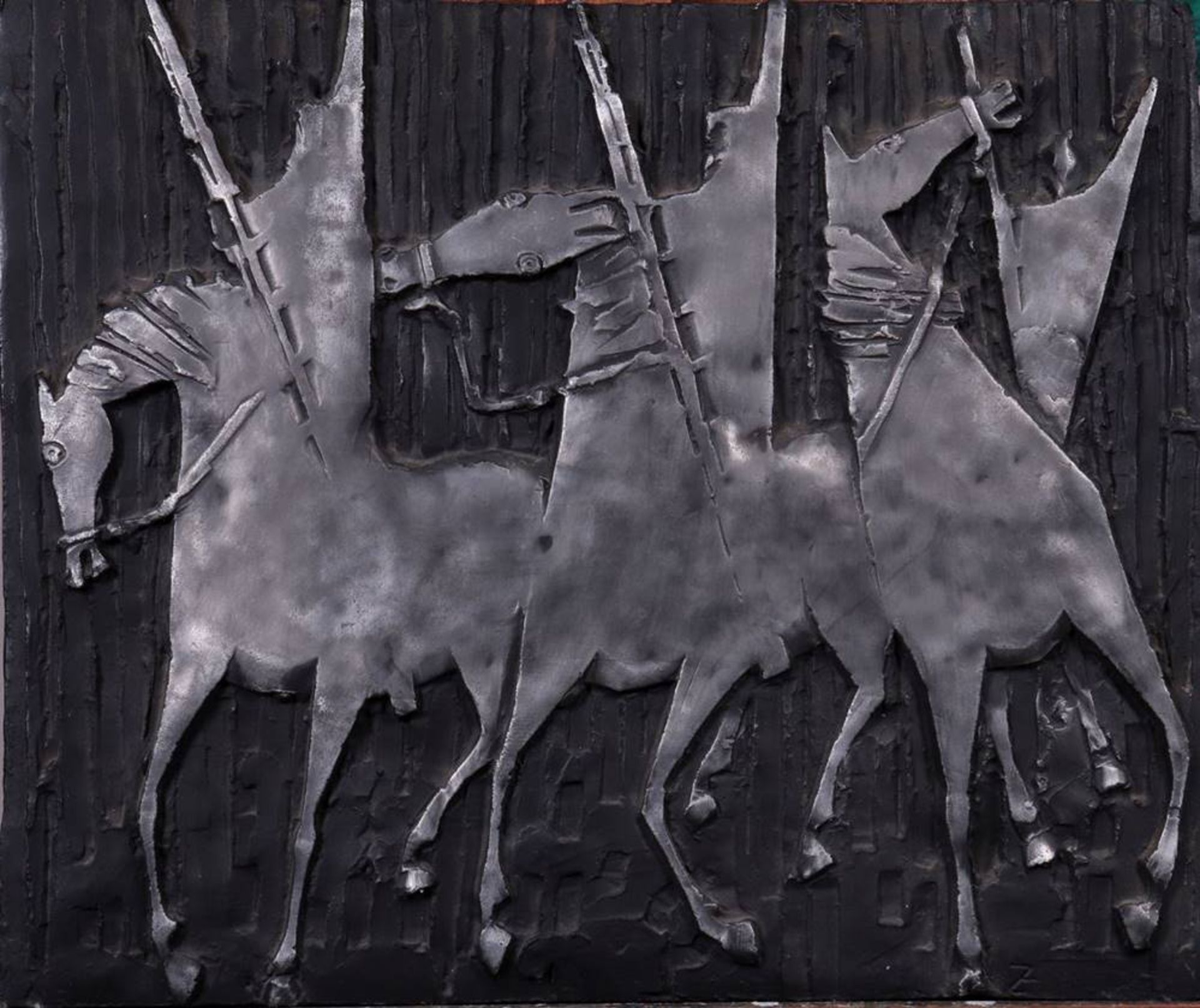 Relief plaqueposs. german, ca. 1970, metal, abstract riders on horses, monogr. "Z", HxB: