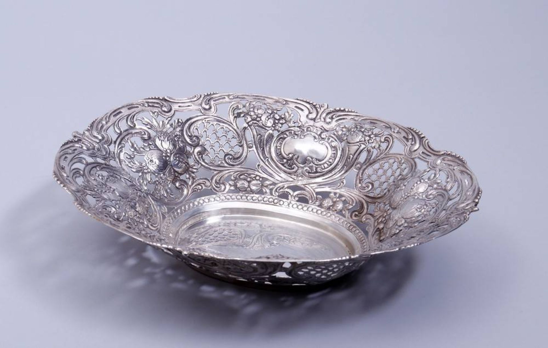 Large pierced dish silver, 835, German, ca. 1900/20, cornucopia and fruit decoration, ca. 356,1g, L: