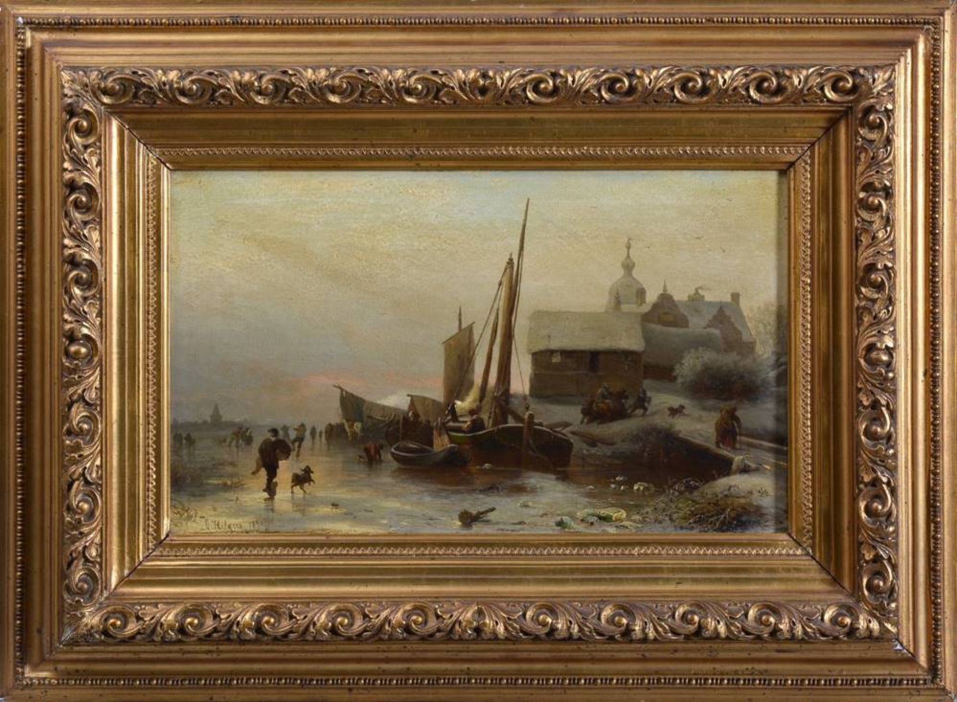 Carl Hilgers (1818, Düsseldorf - 1890), fishing village with boats in winter, dat. (18)70, signed