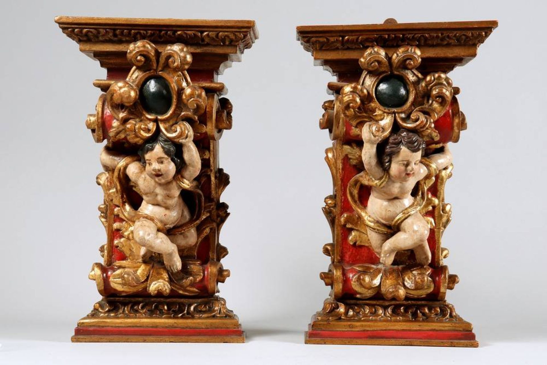 Pair of baroque wall brakets south german, poss. 18th C., gilt and painted, HxWxD: 49,5x30x18,5cm,