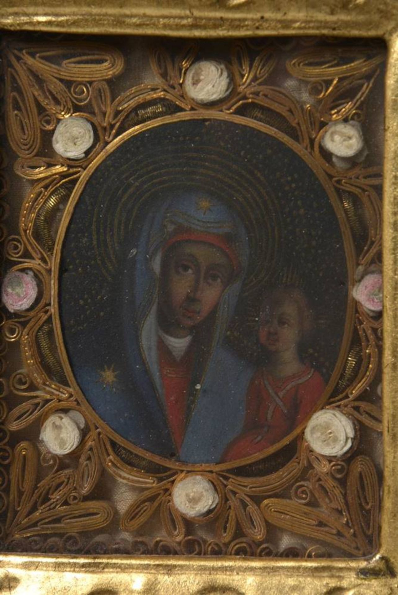 Monastry picture south german, 18th C., virgin Mary with child in carved, gilt frame, HxW: 28x17, - Bild 2 aus 3